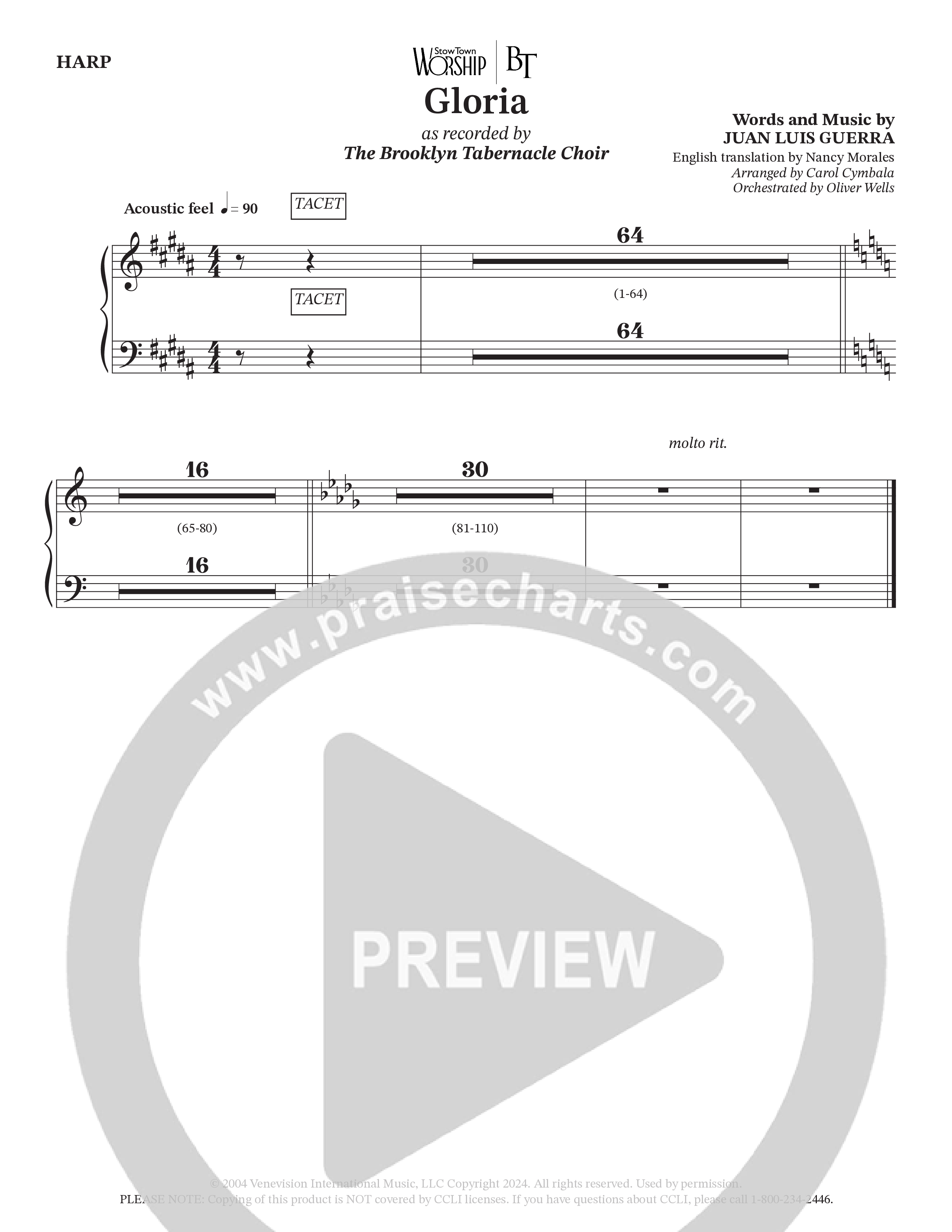 Gloria (Choral Anthem SATB) Harp (The Brooklyn Tabernacle Choir / Arr. Carol Cymbala / Orch. Oliver Wells)