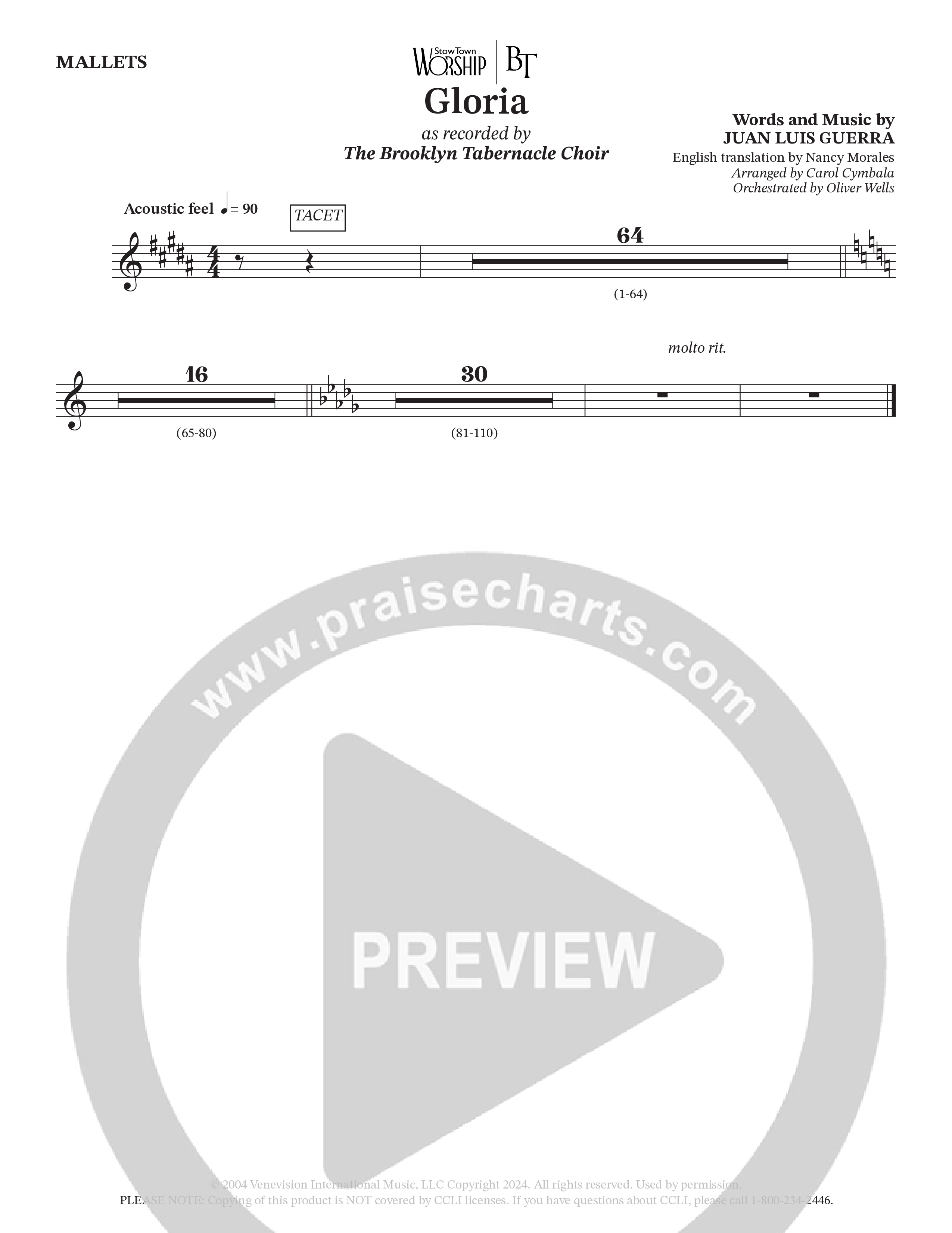 Gloria (Choral Anthem SATB) Mallets (The Brooklyn Tabernacle Choir / Arr. Carol Cymbala / Orch. Oliver Wells)