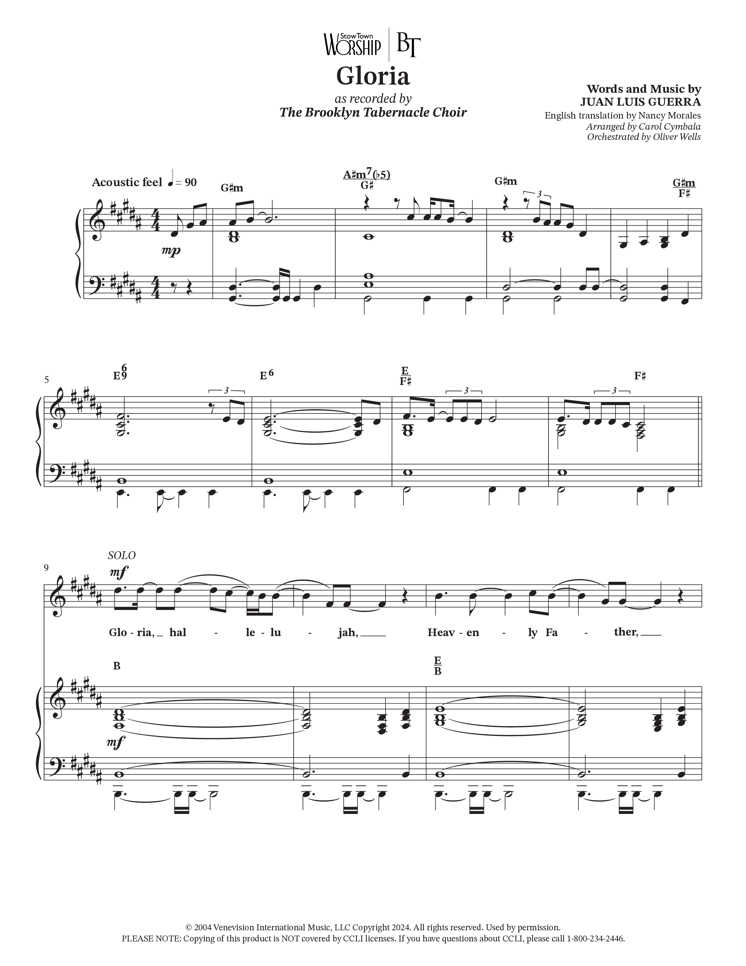 Gloria (Choral Anthem SATB) Anthem (SATB/Piano) (The Brooklyn Tabernacle Choir / Arr. Carol Cymbala / Orch. Oliver Wells)