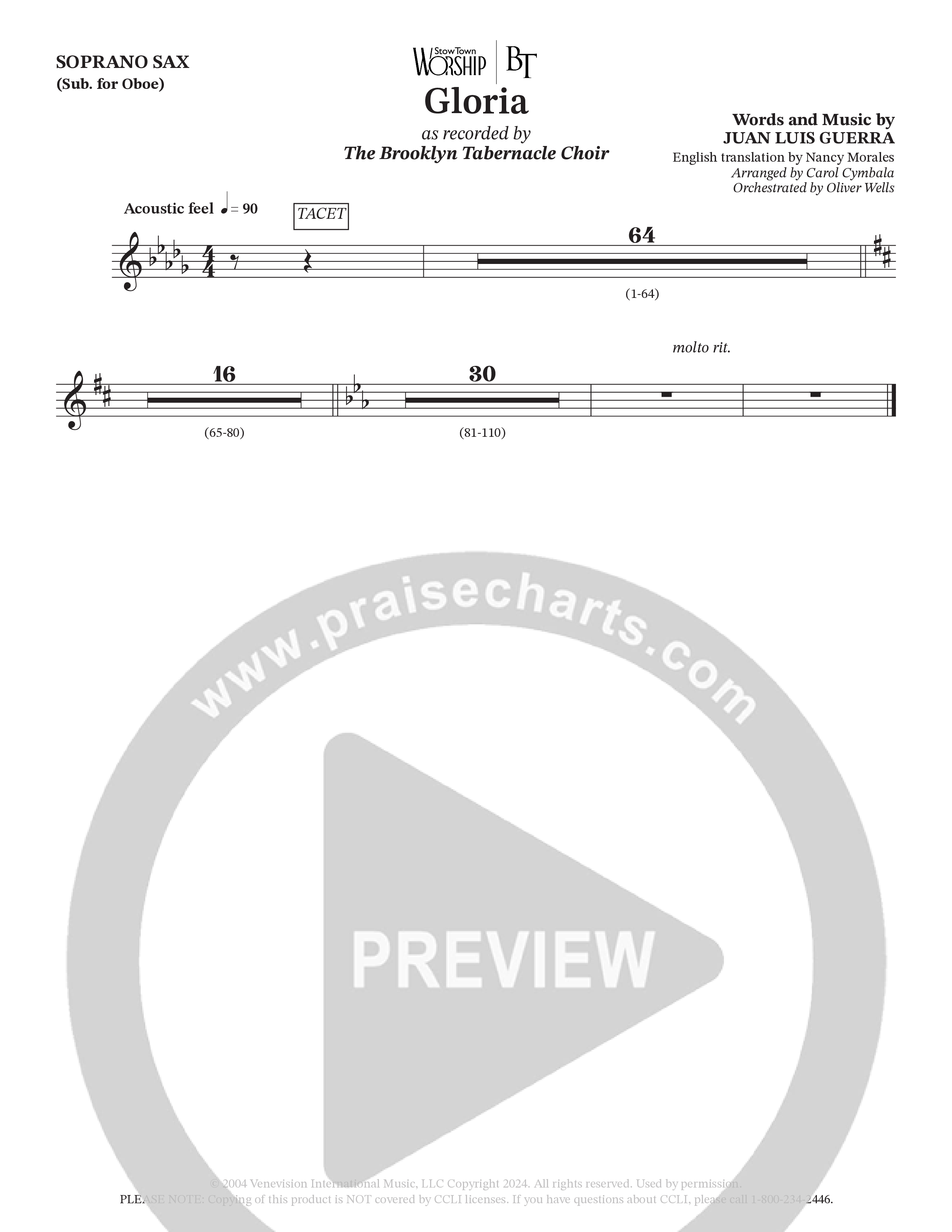 Gloria (Choral Anthem SATB) Soprano Sax (The Brooklyn Tabernacle Choir / Arr. Carol Cymbala / Orch. Oliver Wells)