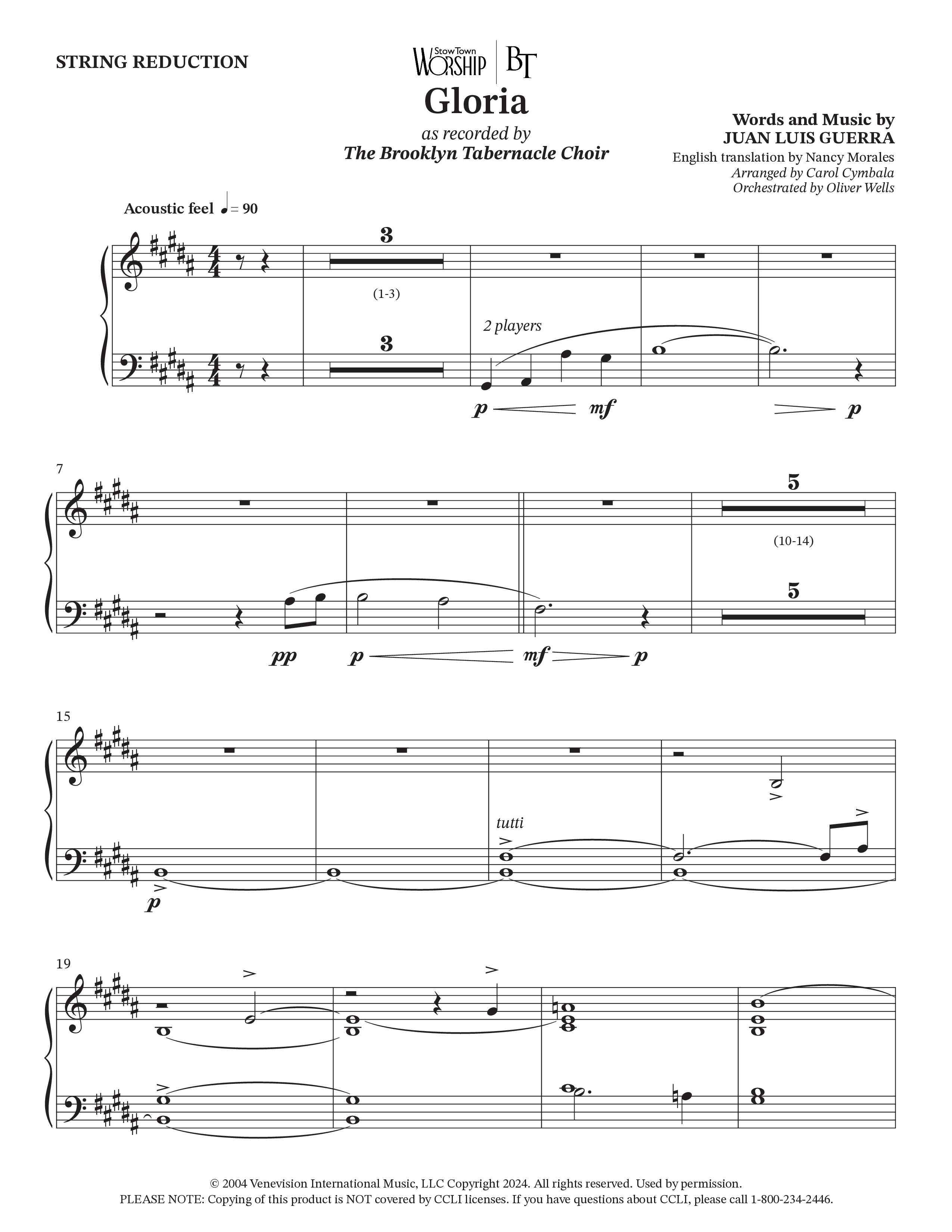 Gloria (Choral Anthem SATB) String Reduction (The Brooklyn Tabernacle Choir / Arr. Carol Cymbala / Orch. Oliver Wells)