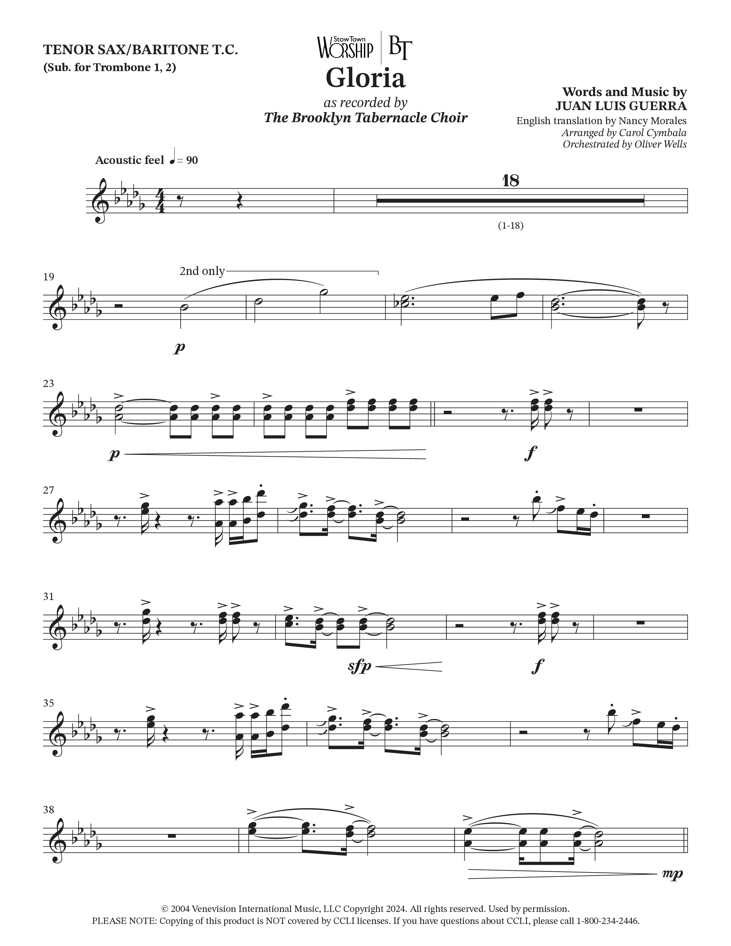 Gloria (Choral Anthem SATB) Tenor Sax/Baritone T.C. (The Brooklyn Tabernacle Choir / Arr. Carol Cymbala / Orch. Oliver Wells)