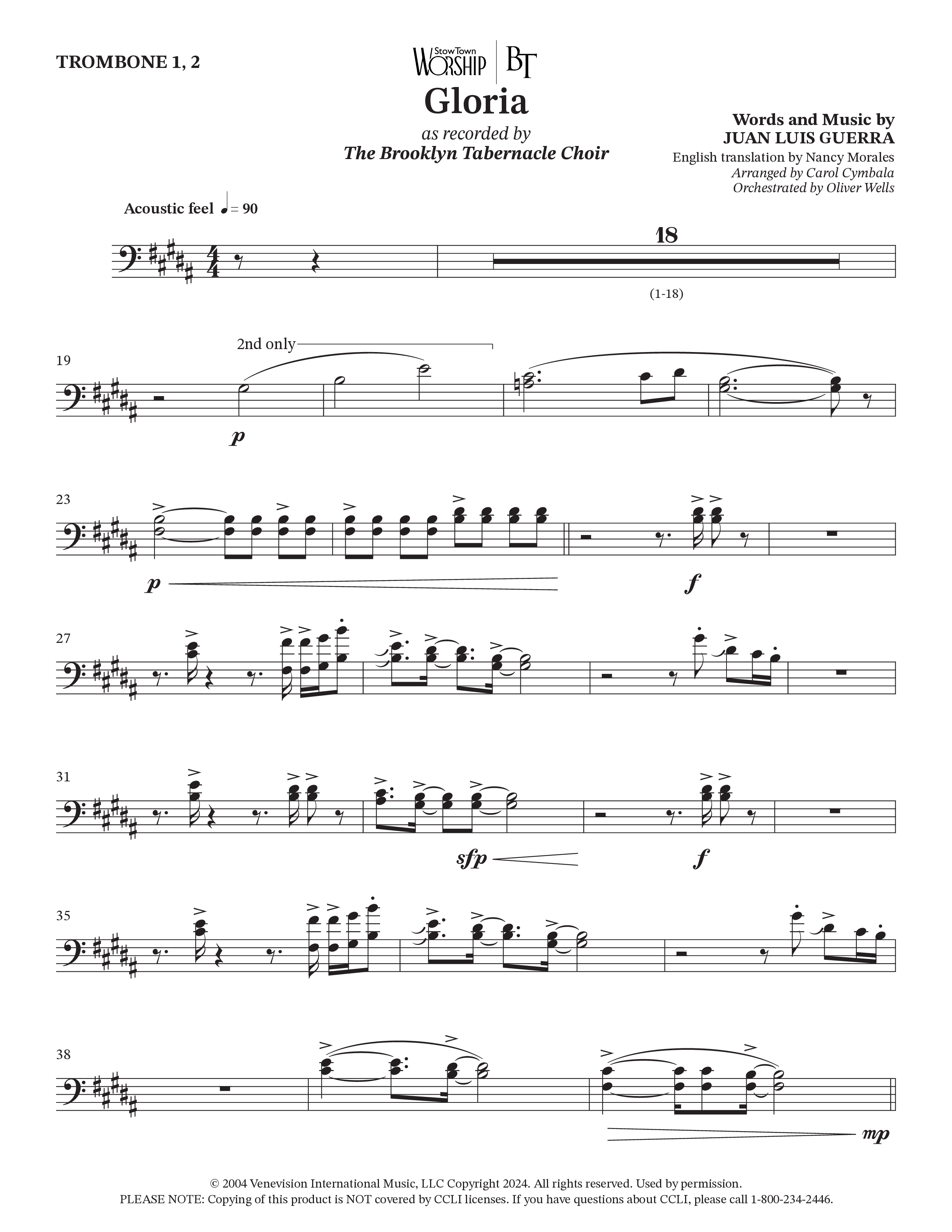 Gloria (Choral Anthem SATB) Trombone (The Brooklyn Tabernacle Choir / Arr. Carol Cymbala / Orch. Oliver Wells)