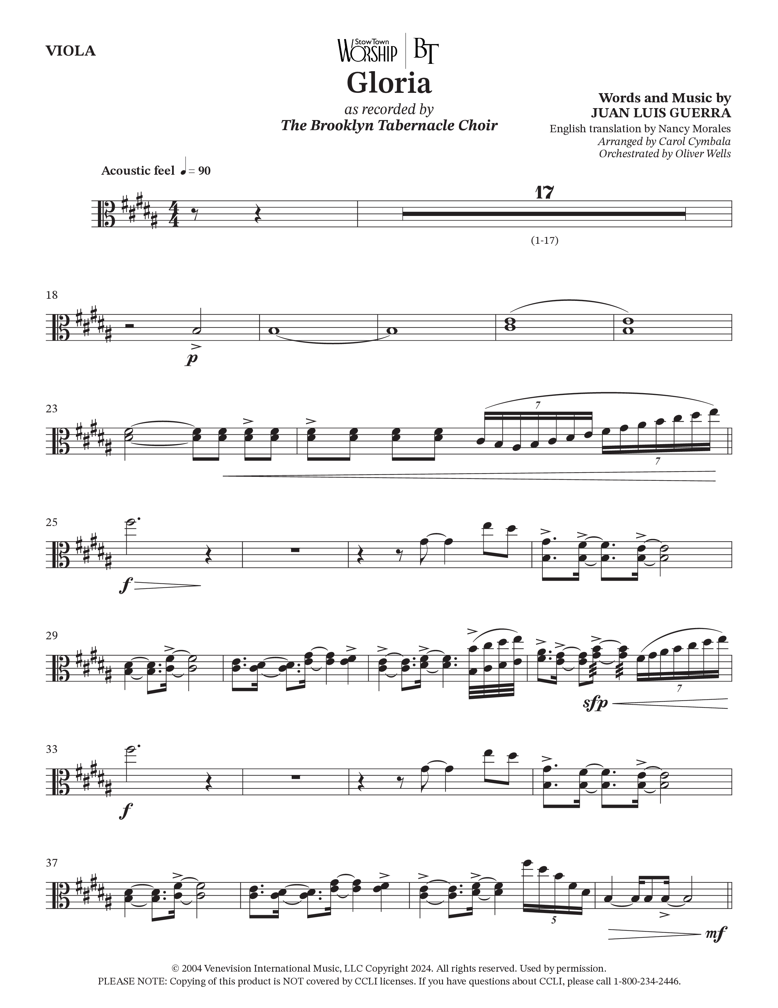 Gloria (Choral Anthem SATB) Viola (The Brooklyn Tabernacle Choir / Arr. Carol Cymbala / Orch. Oliver Wells)