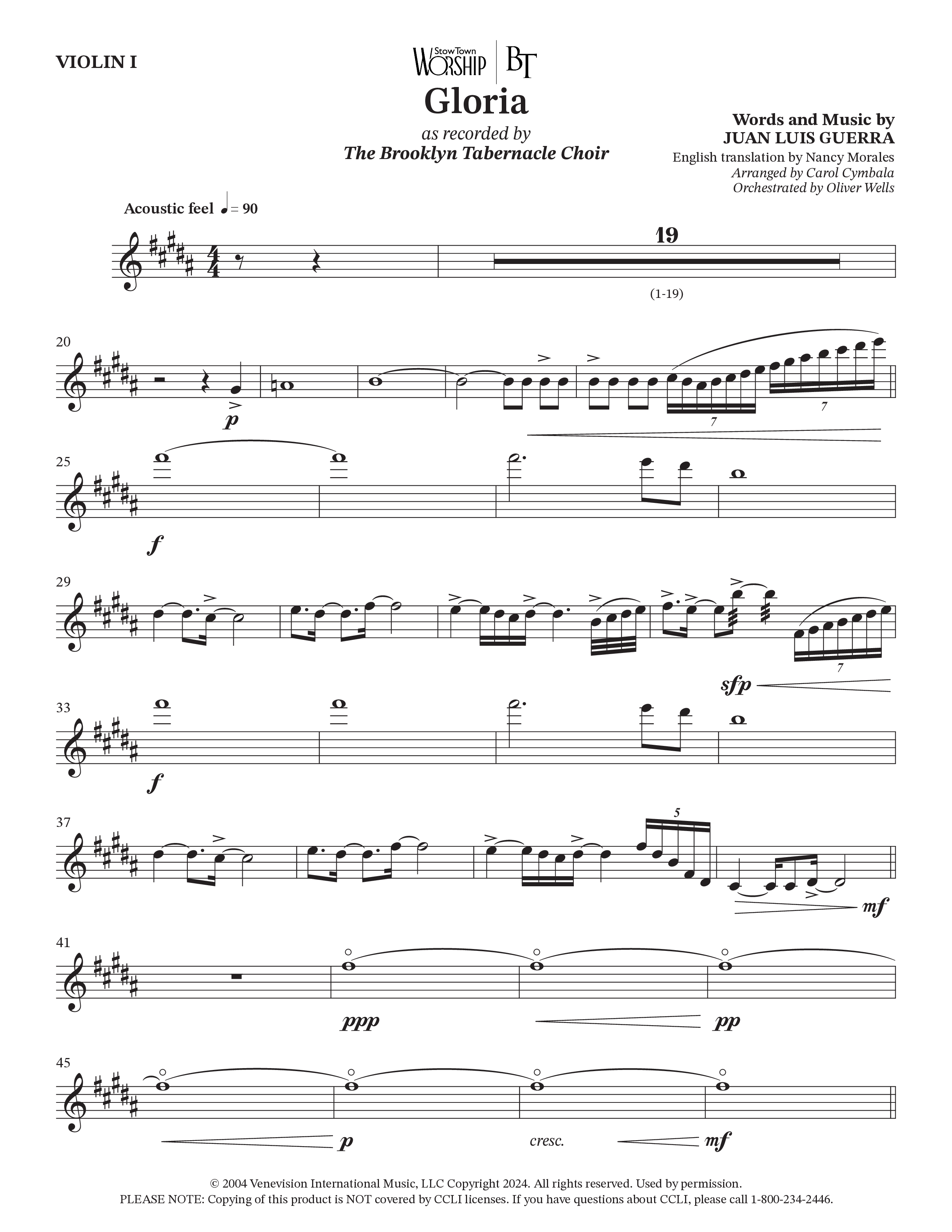 Gloria (Choral Anthem SATB) Violin 1 (The Brooklyn Tabernacle Choir / Arr. Carol Cymbala / Orch. Oliver Wells)