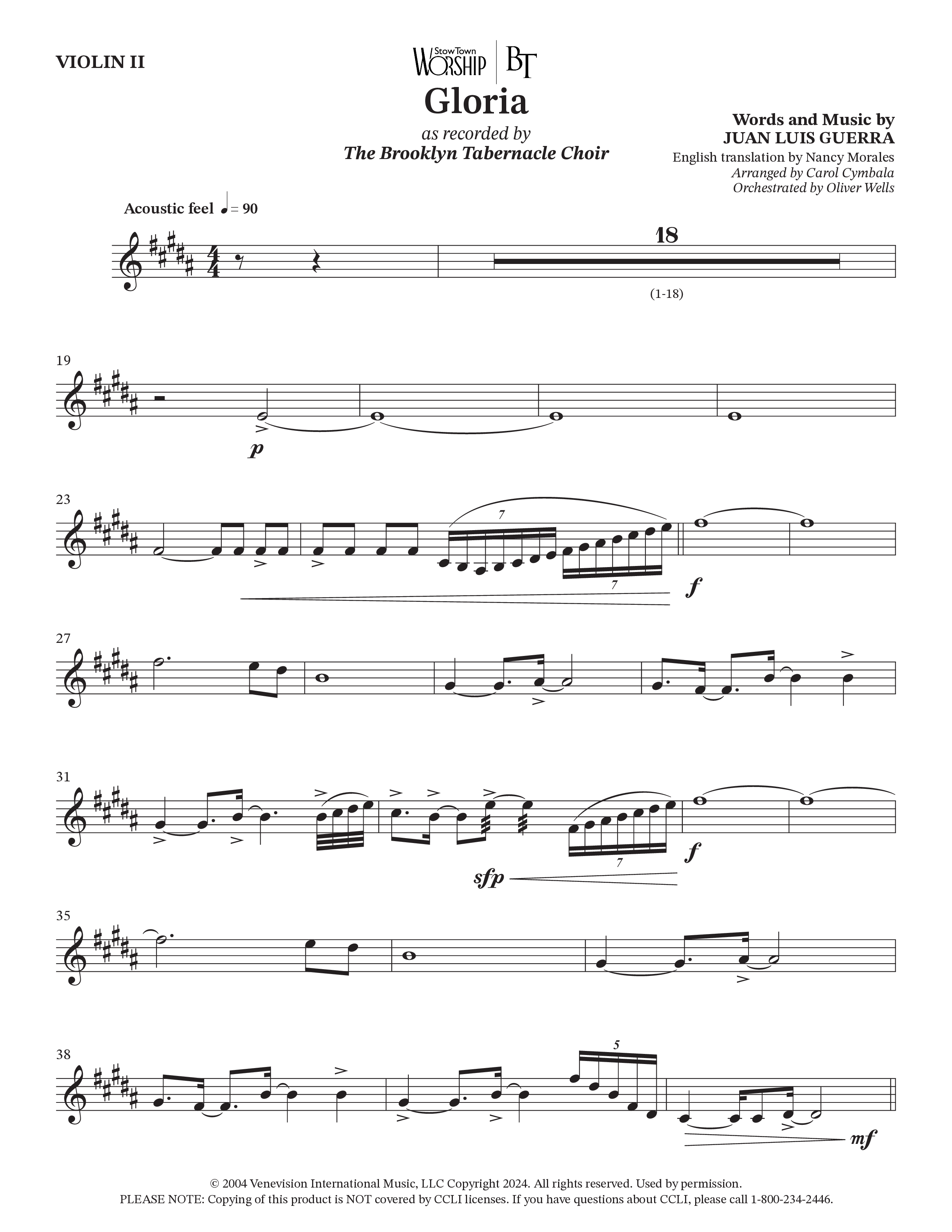 Gloria (Choral Anthem SATB) Violin 2 (The Brooklyn Tabernacle Choir / Arr. Carol Cymbala / Orch. Oliver Wells)