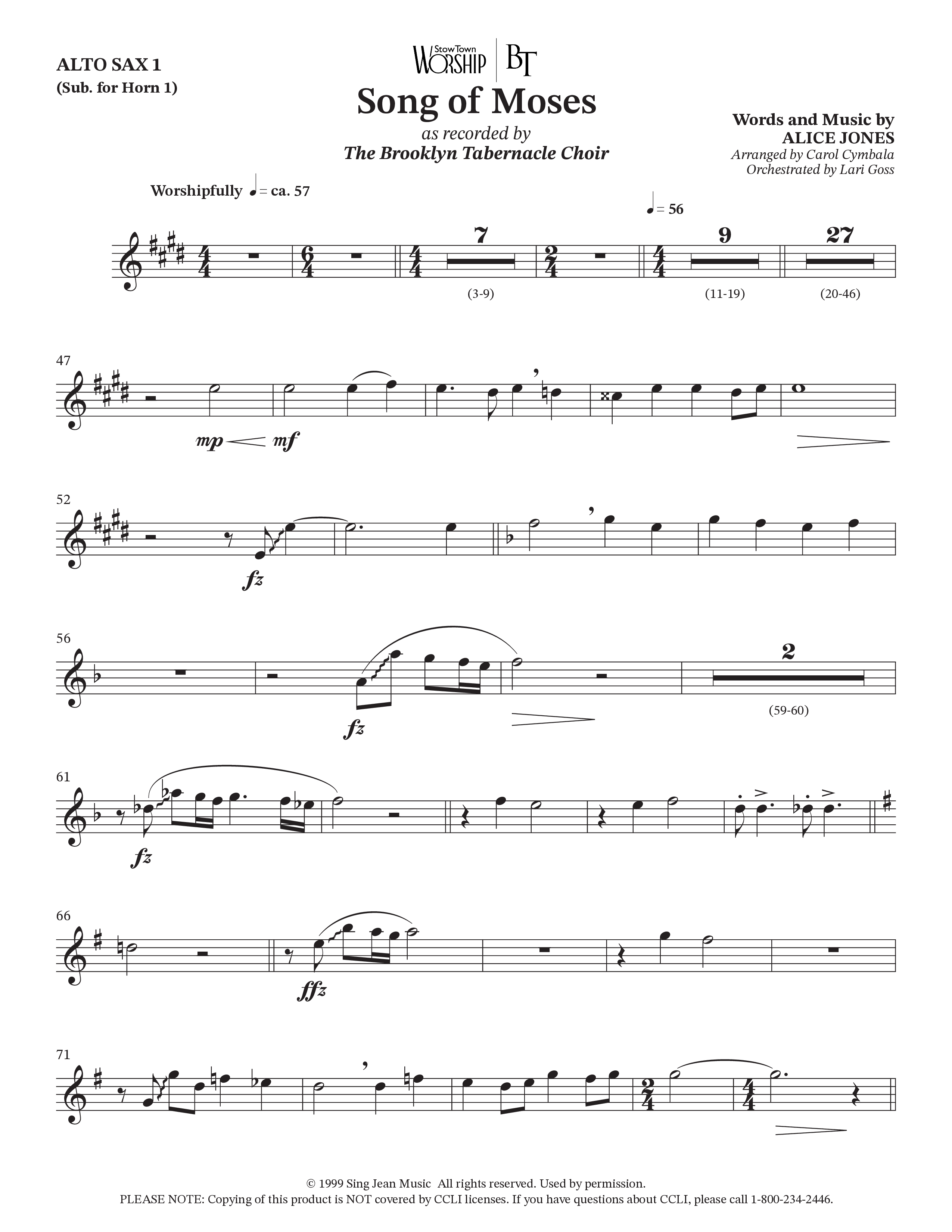 Song Of Moses (Choral Anthem SATB) Alto Sax (The Brooklyn Tabernacle Choir / Arr. Carol Cymbala / Orch. Lari Goss)
