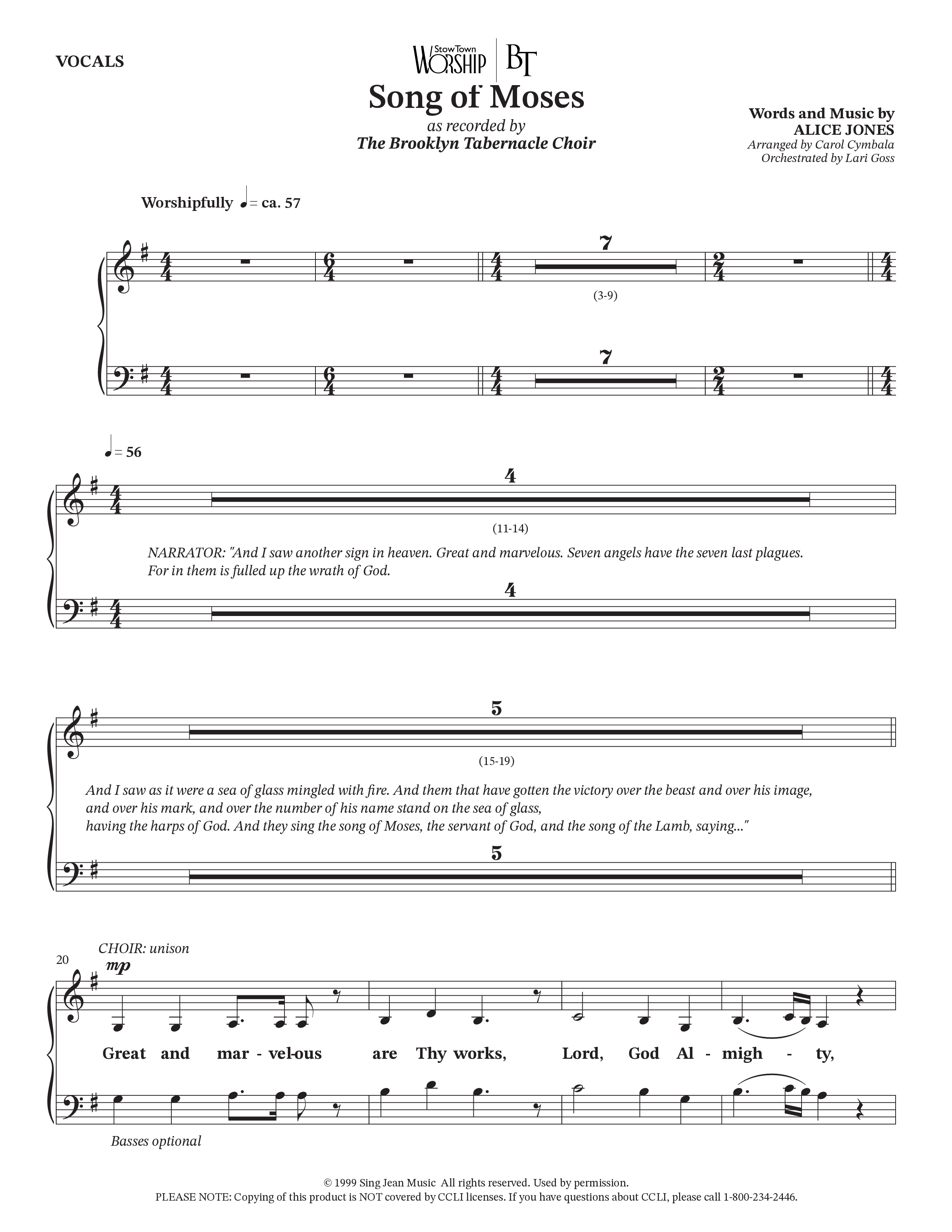 Song Of Moses (Choral Anthem SATB) Choir Sheet (SATB) (The Brooklyn Tabernacle Choir / Arr. Carol Cymbala / Orch. Lari Goss)