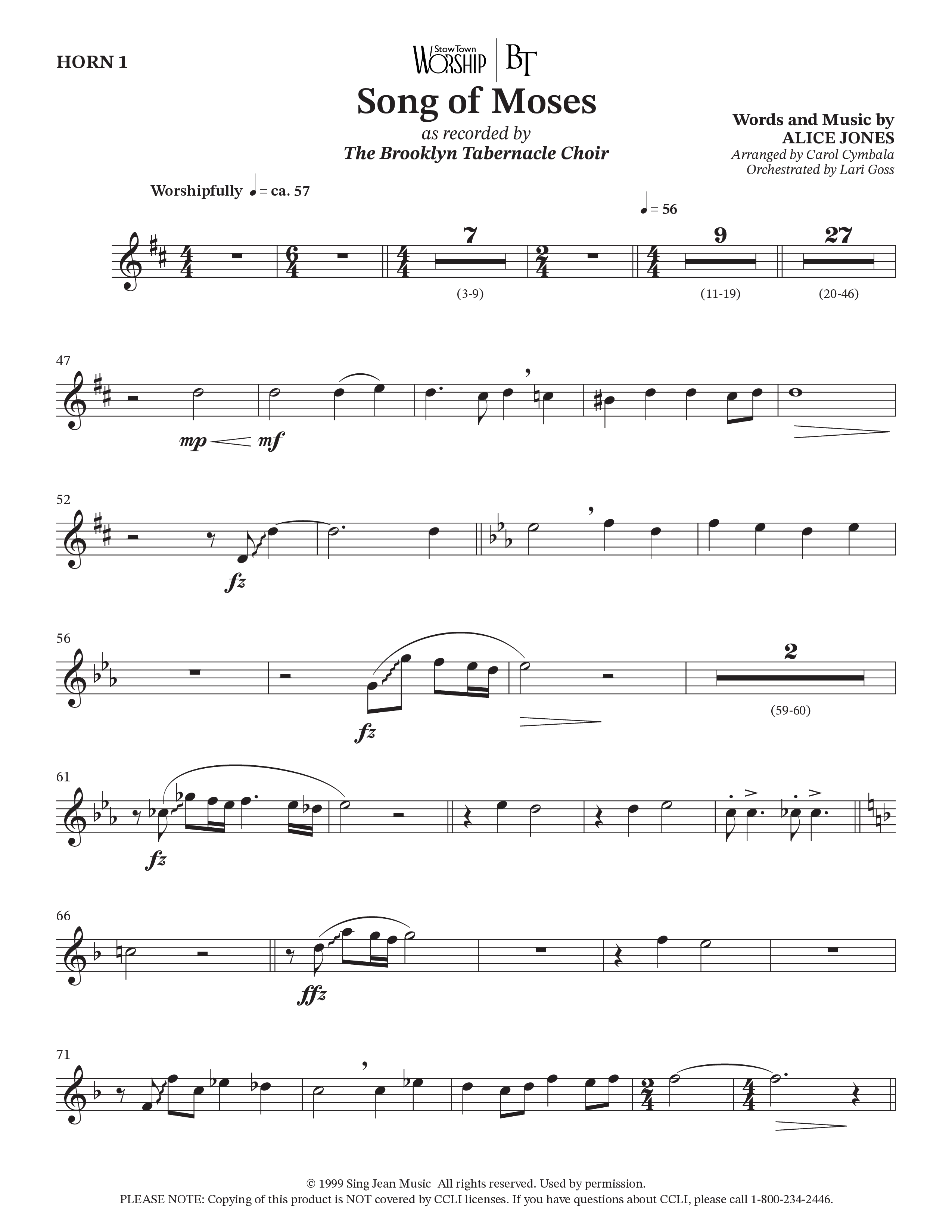 Song Of Moses (Choral Anthem SATB) French Horn (The Brooklyn Tabernacle Choir / Arr. Carol Cymbala / Orch. Lari Goss)