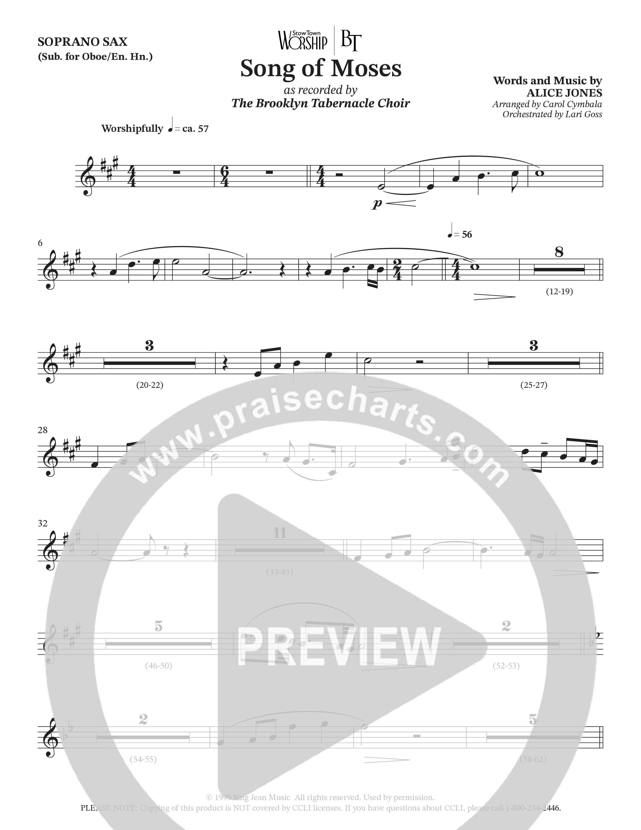 Song Of Moses (Choral Anthem SATB) Soprano Sax (The Brooklyn Tabernacle Choir / Arr. Carol Cymbala / Orch. Lari Goss)
