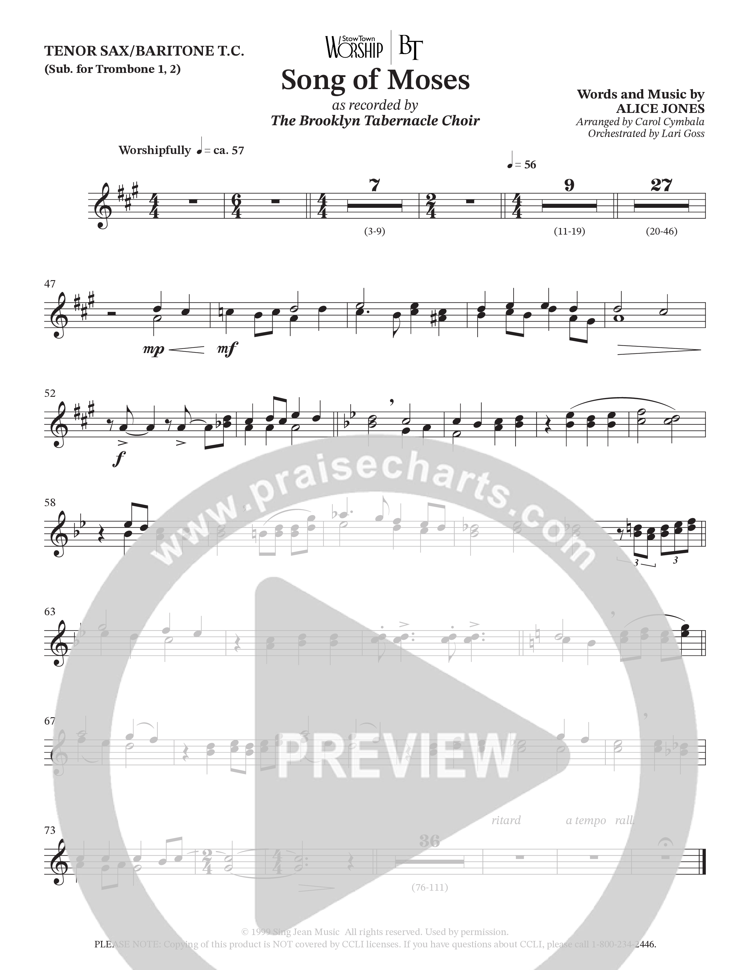 Song Of Moses (Choral Anthem SATB) Tenor Sax/Baritone T.C. (The Brooklyn Tabernacle Choir / Arr. Carol Cymbala / Orch. Lari Goss)