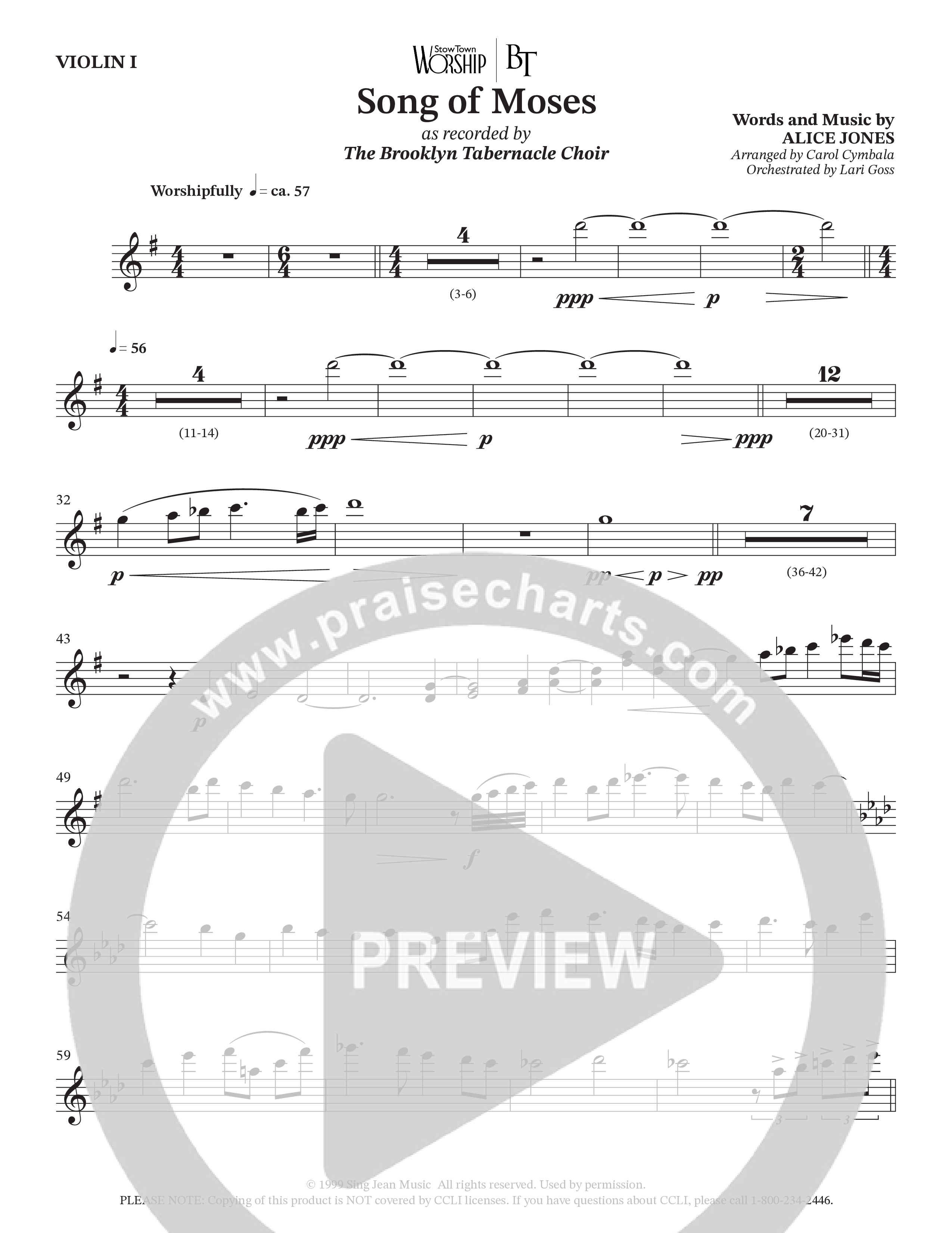 Song Of Moses (Choral Anthem SATB) Violin 1 (The Brooklyn Tabernacle Choir / Arr. Carol Cymbala / Orch. Lari Goss)