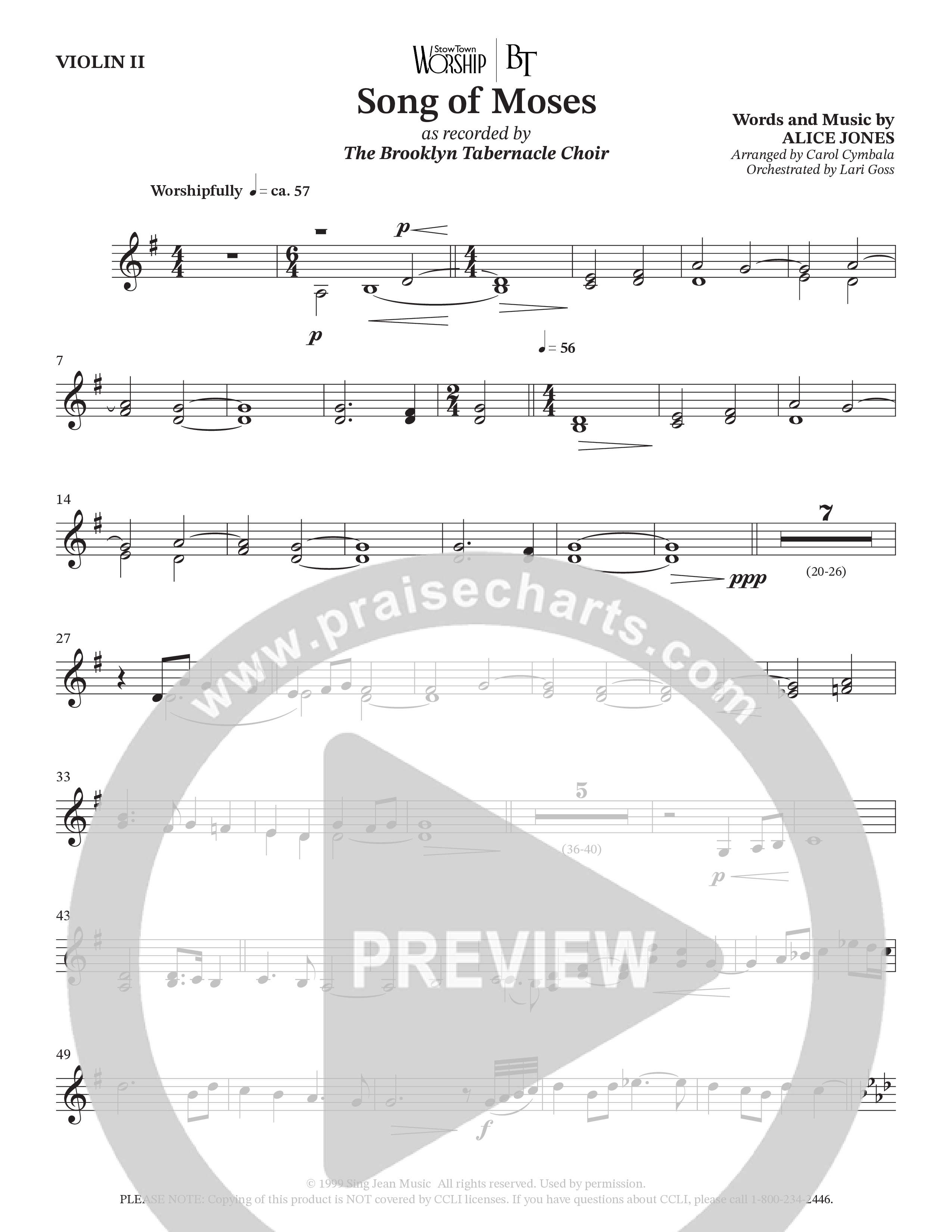Song Of Moses (Choral Anthem SATB) Violin 2 (The Brooklyn Tabernacle Choir / Arr. Carol Cymbala / Orch. Lari Goss)