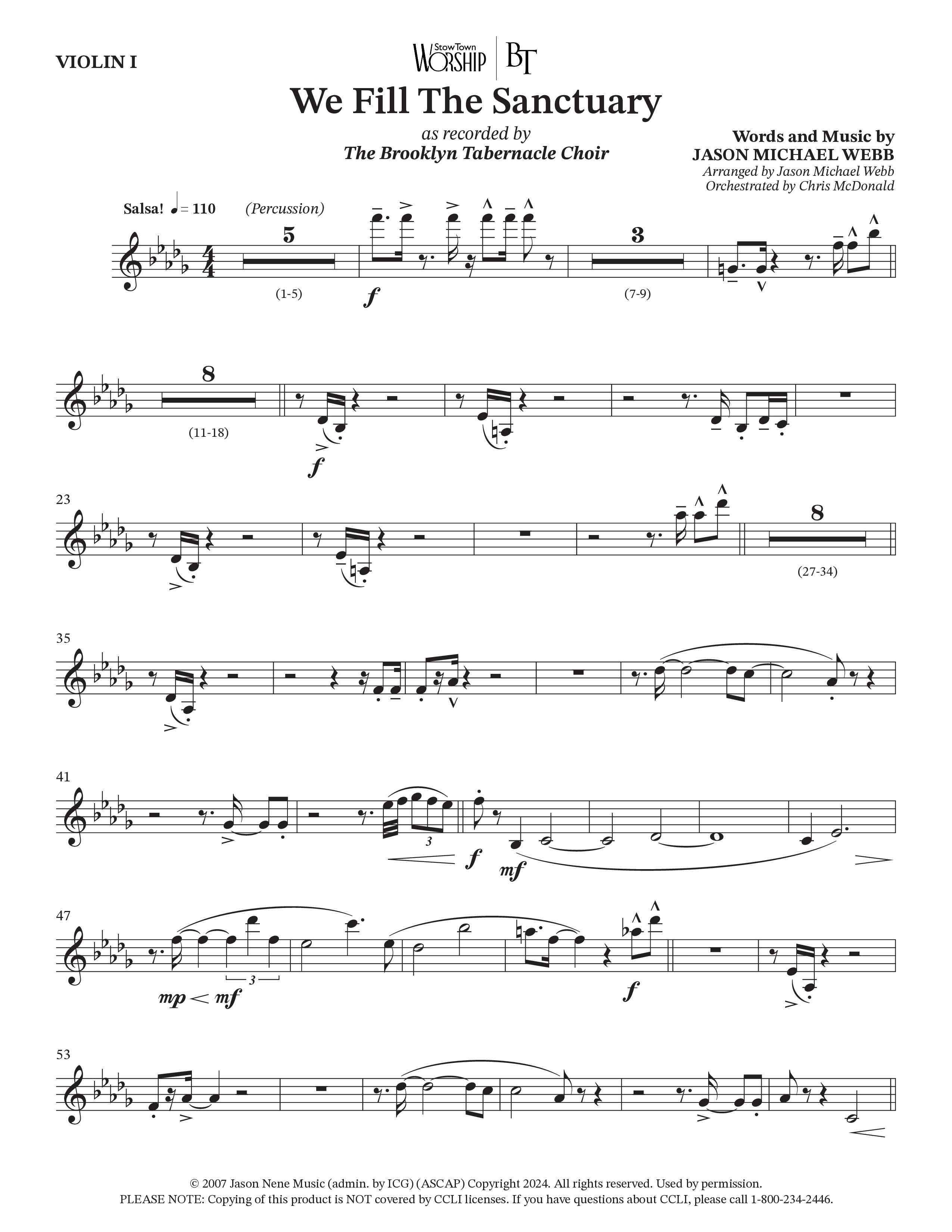 We Fill The Sanctuary (Choral Anthem SATB) Violin 1 (The Brooklyn Tabernacle Choir / Arr. Jason Webb / Orch. Chris McDonald)