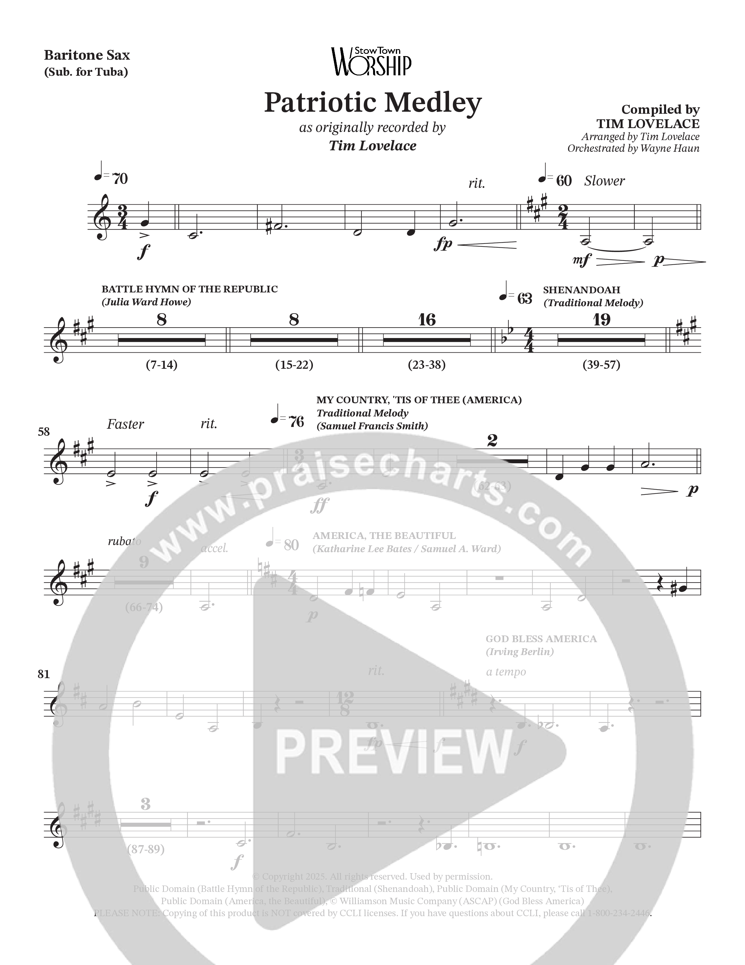 Celebration Of America Medley (Choral Anthem SATB) Bari Sax (Tim Lovelace / Uriel Vega / Orch. Wayne Haun)