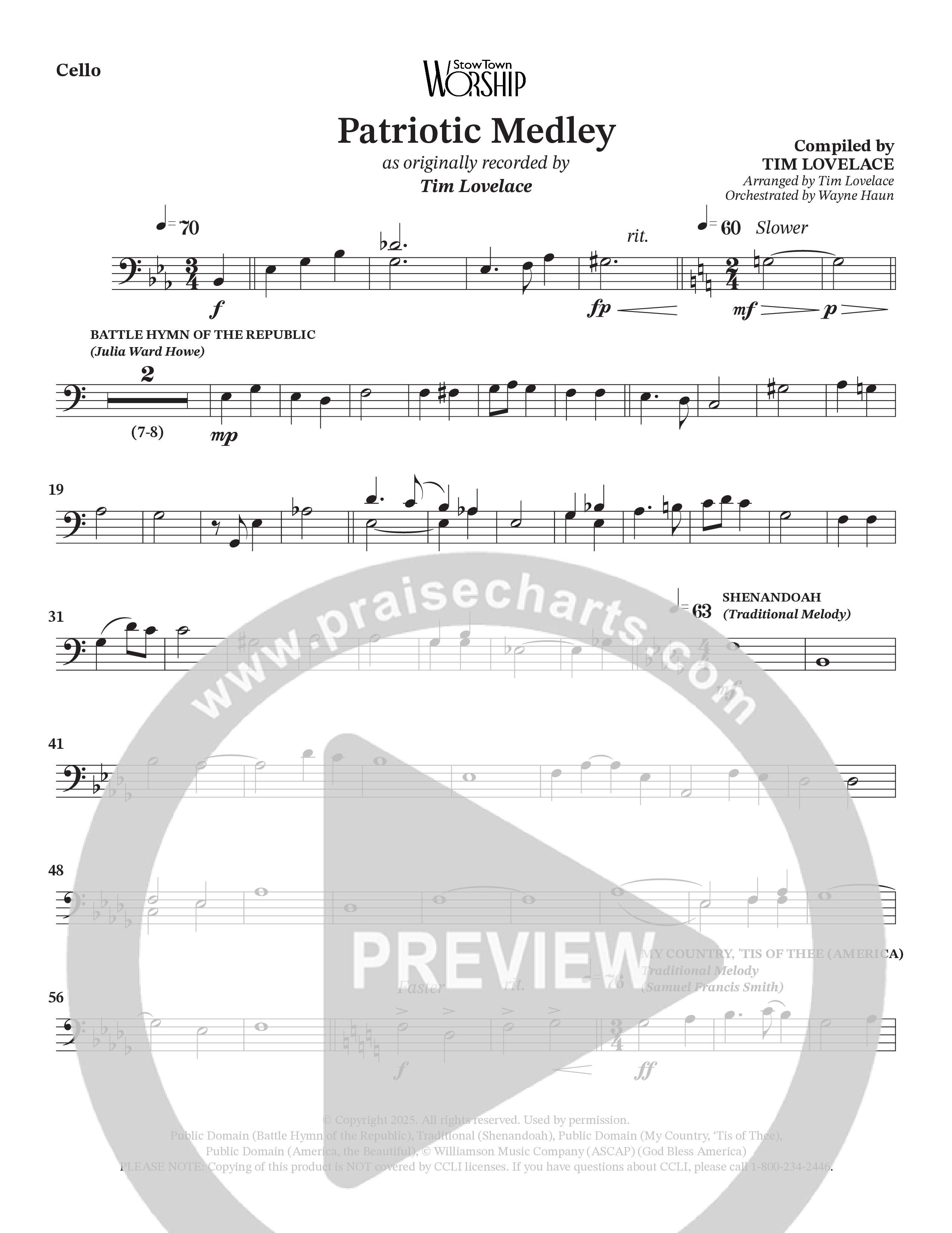 Celebration Of America Medley (Choral Anthem SATB) Cello (Tim Lovelace / Uriel Vega / Orch. Wayne Haun)