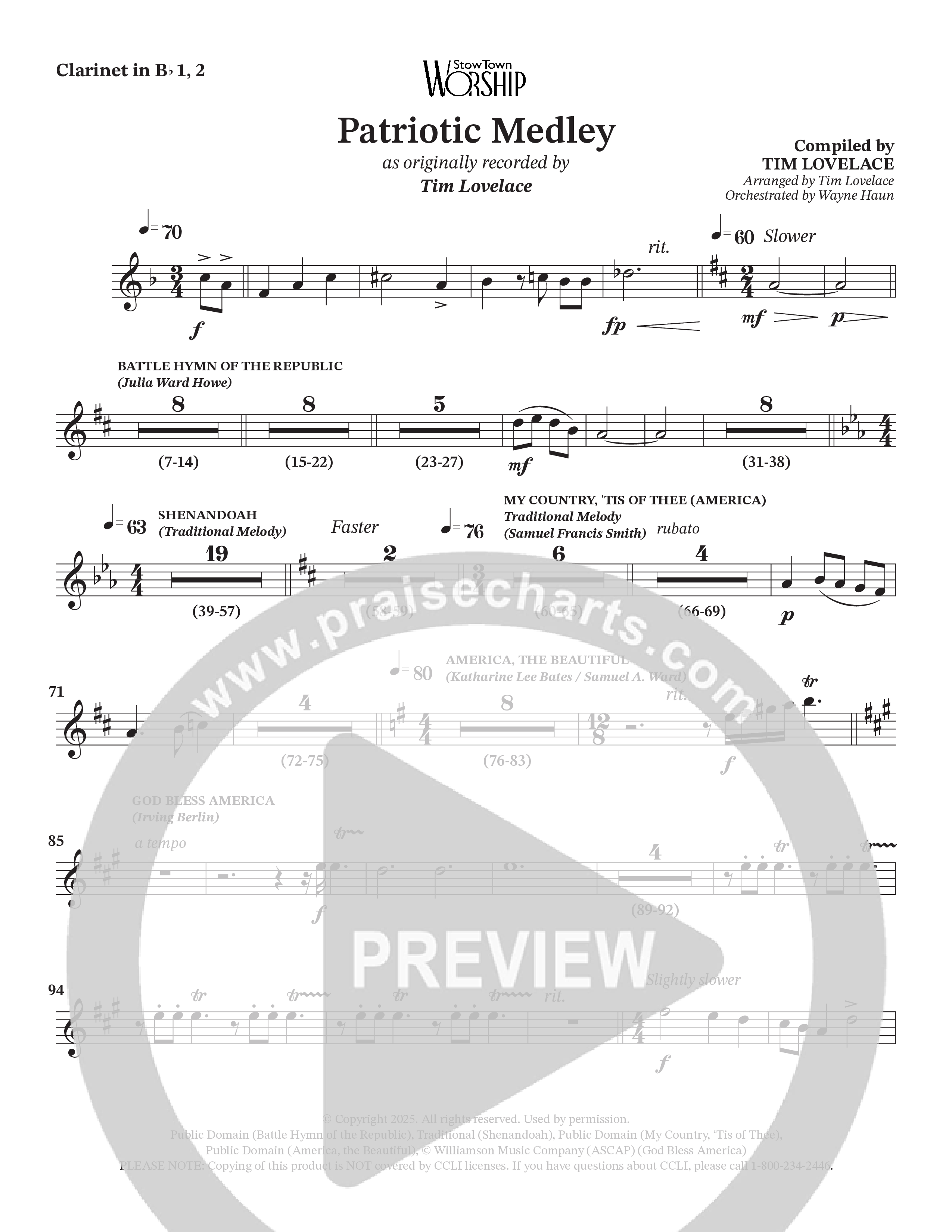 Celebration Of America Medley (Choral Anthem SATB) Clarinet (Tim Lovelace / Uriel Vega / Orch. Wayne Haun)