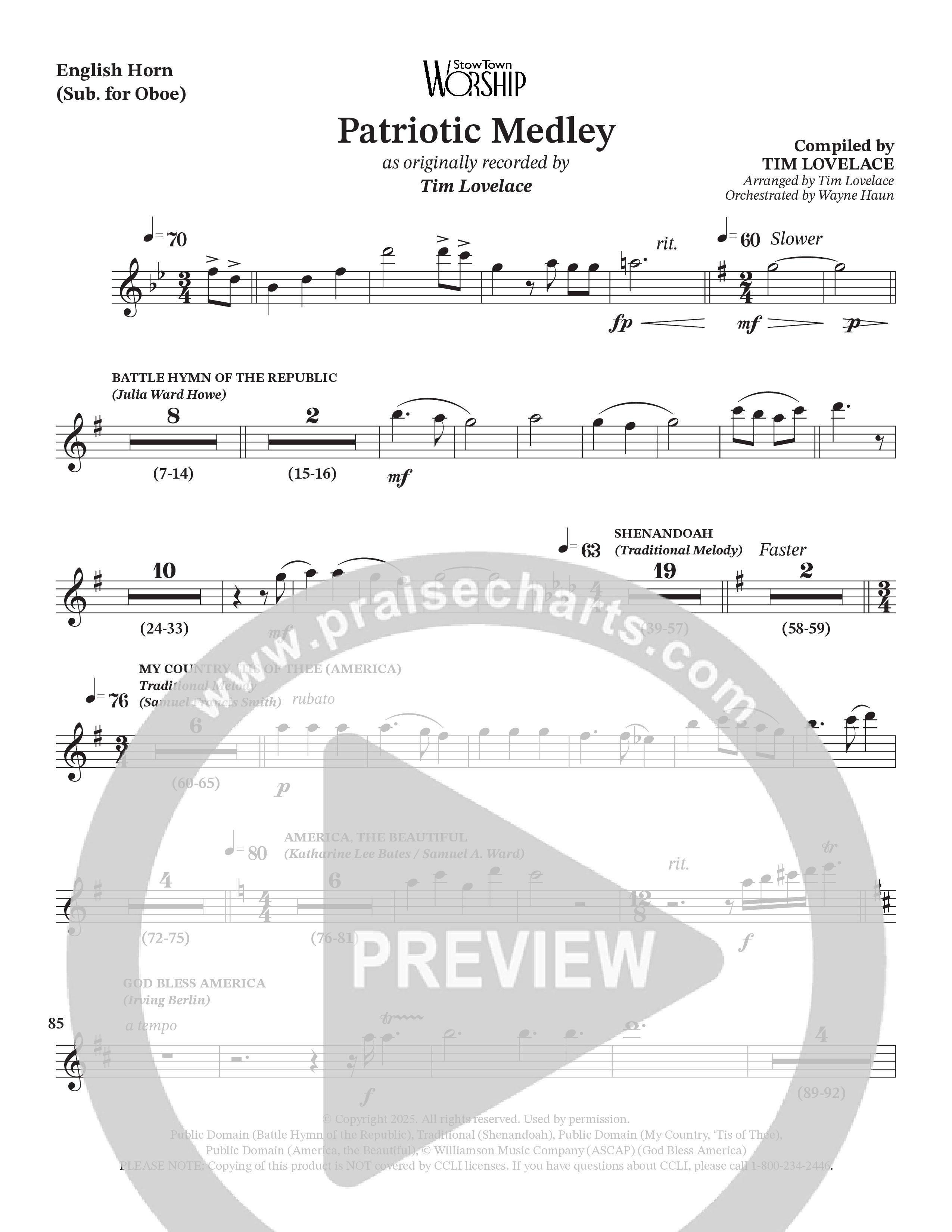 Celebration Of America Medley (Choral Anthem SATB) English Horn (Tim Lovelace / Uriel Vega / Orch. Wayne Haun)