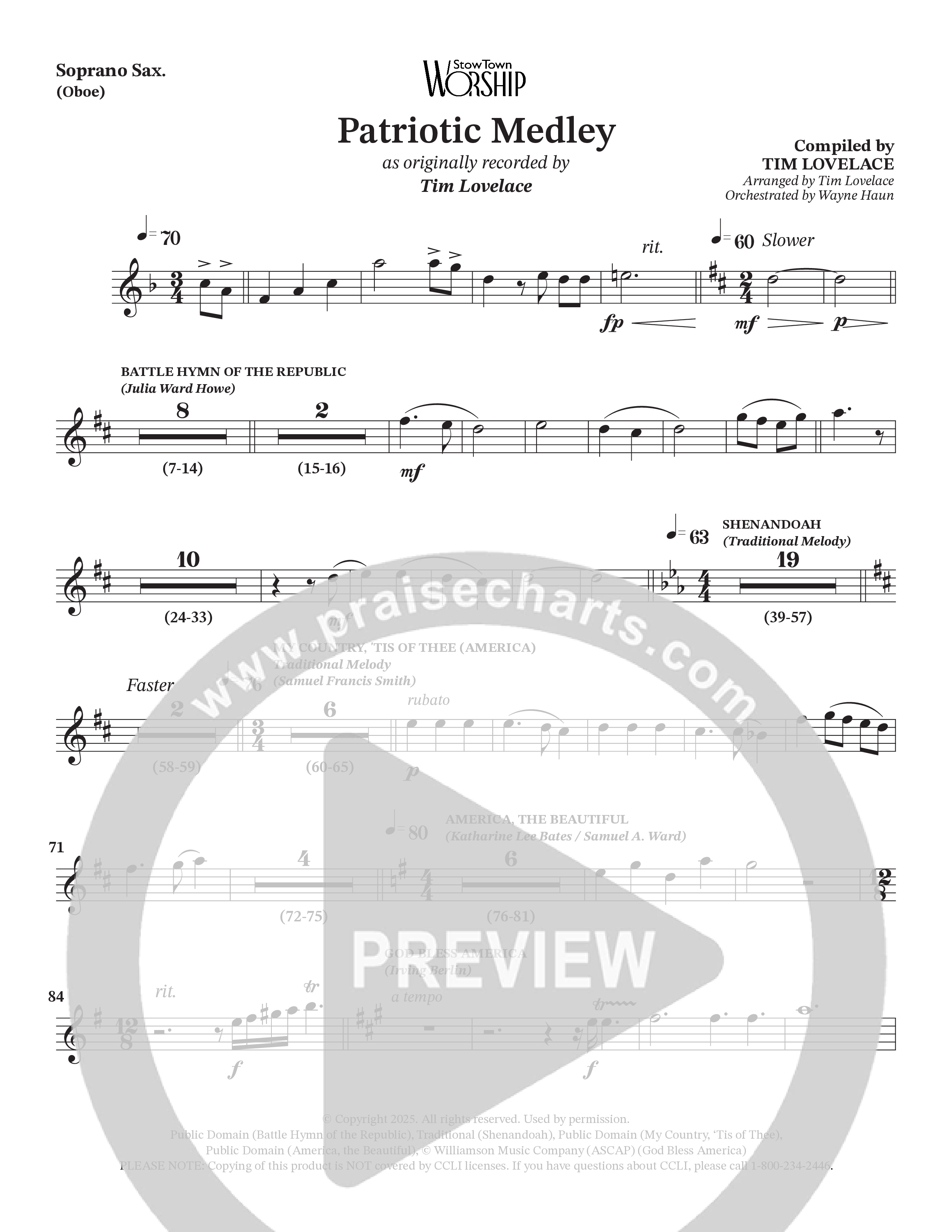 Celebration Of America Medley (Choral Anthem SATB) Soprano Sax (Tim Lovelace / Uriel Vega / Orch. Wayne Haun)