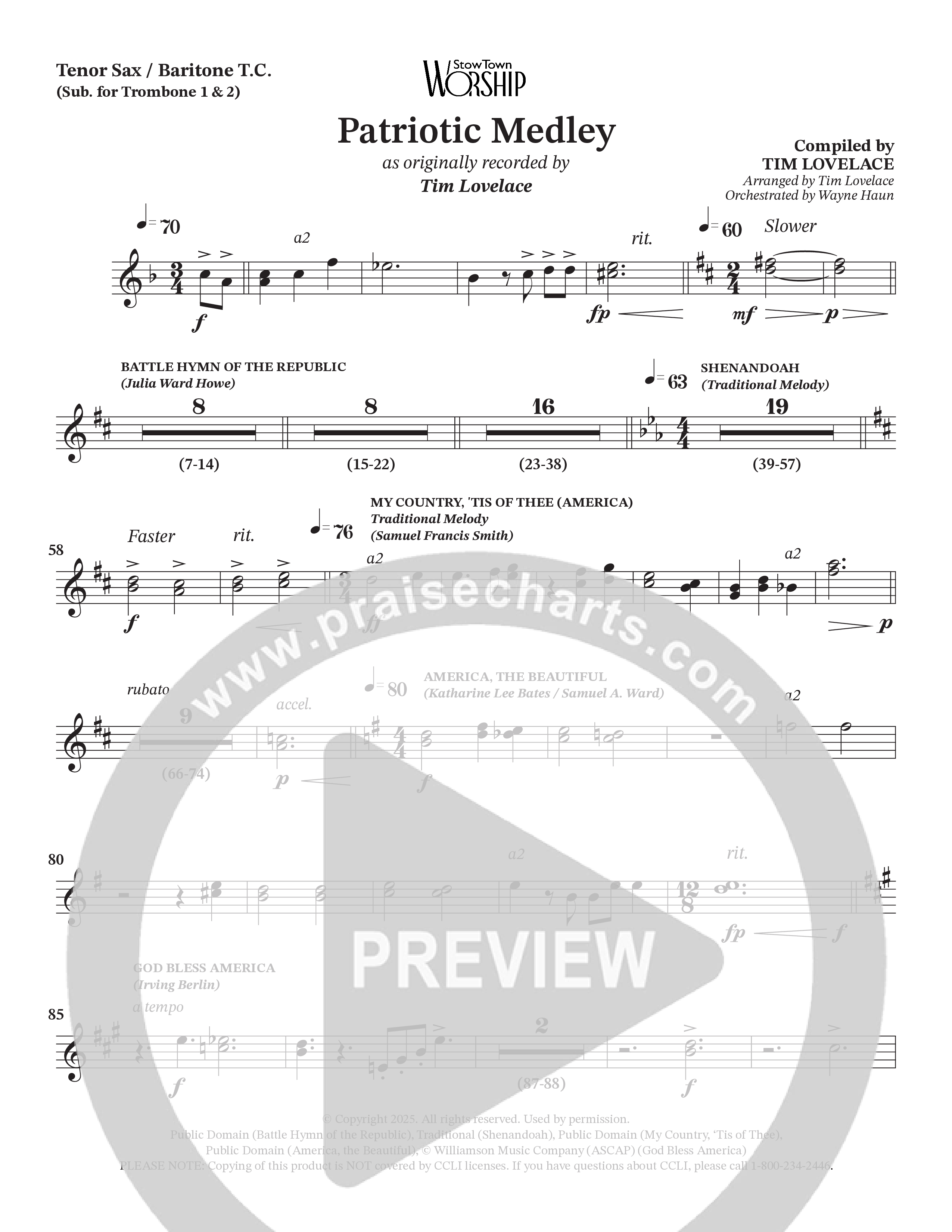 Celebration Of America Medley (Choral Anthem SATB) Tenor Sax/Baritone T.C. (Tim Lovelace / Uriel Vega / Orch. Wayne Haun)