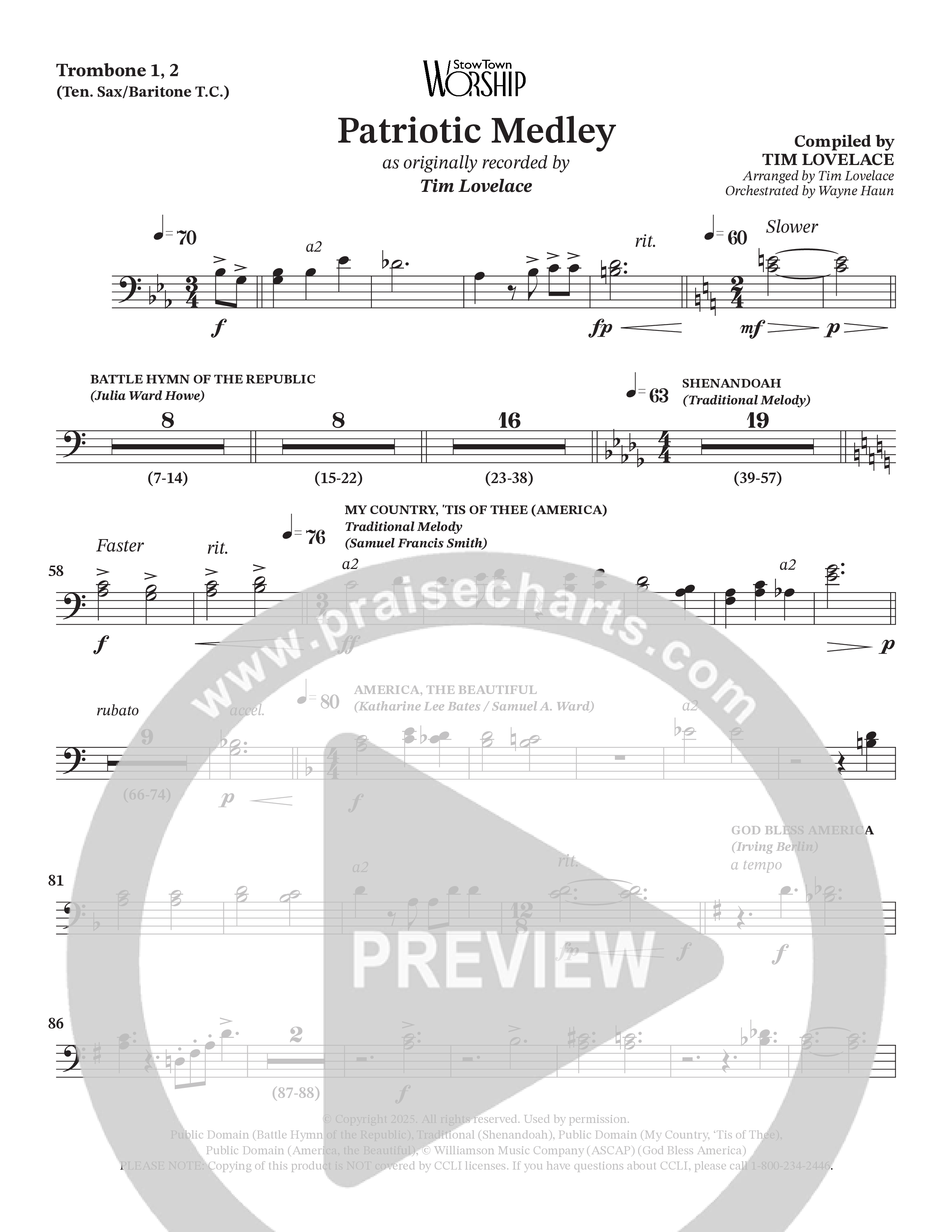 Celebration Of America Medley (Choral Anthem SATB) Trombone 1/2 (Tim Lovelace / Uriel Vega / Orch. Wayne Haun)