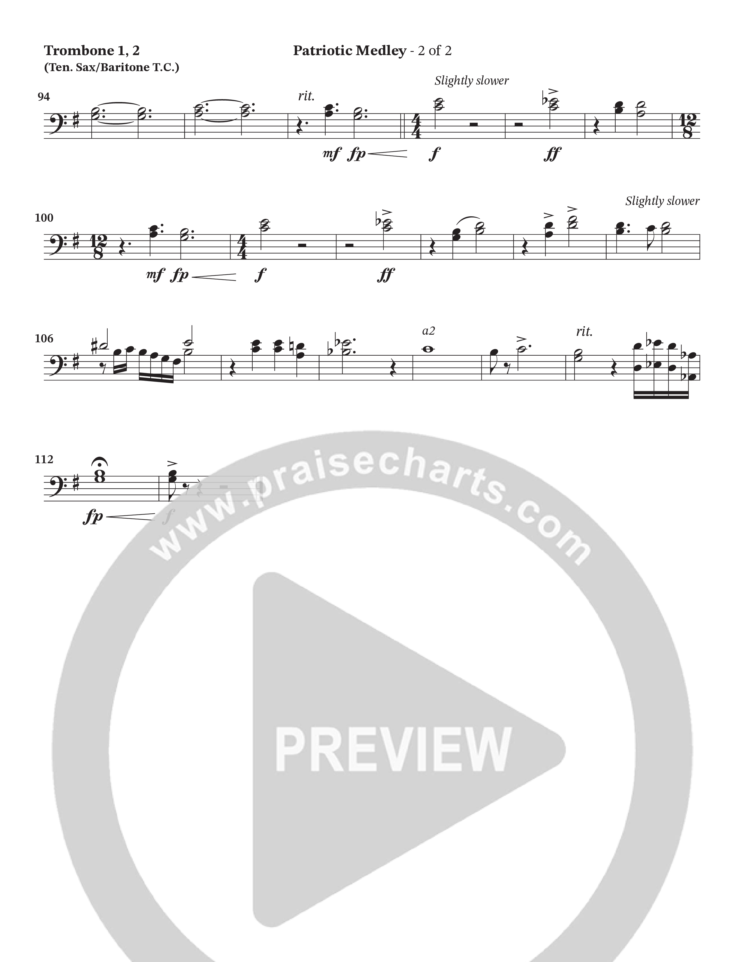 Celebration Of America Medley (Choral Anthem SATB) Trombone 1/2 (Tim Lovelace / Uriel Vega / Orch. Wayne Haun)