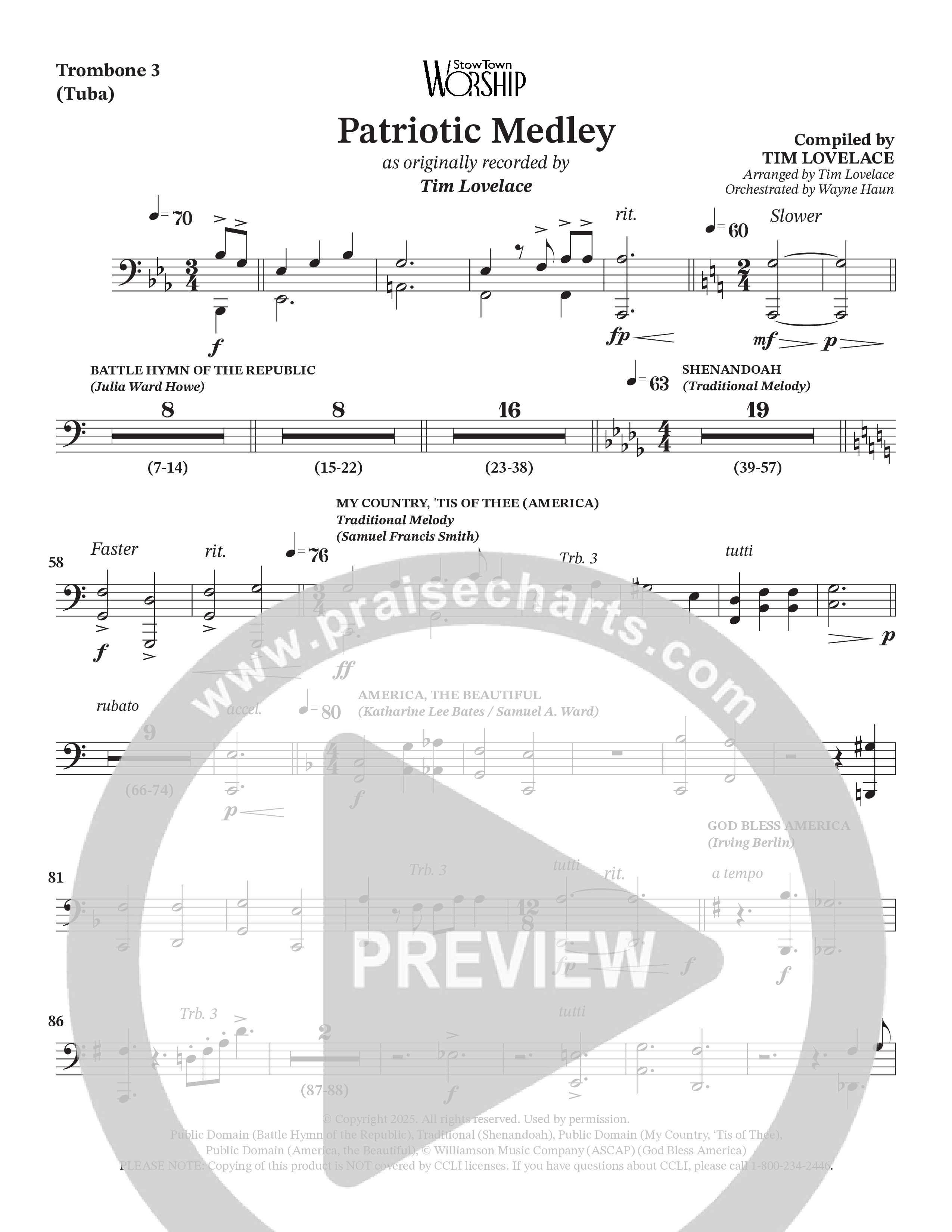 Celebration Of America Medley (Choral Anthem SATB) Trombone 3/Tuba (Tim Lovelace / Uriel Vega / Orch. Wayne Haun)