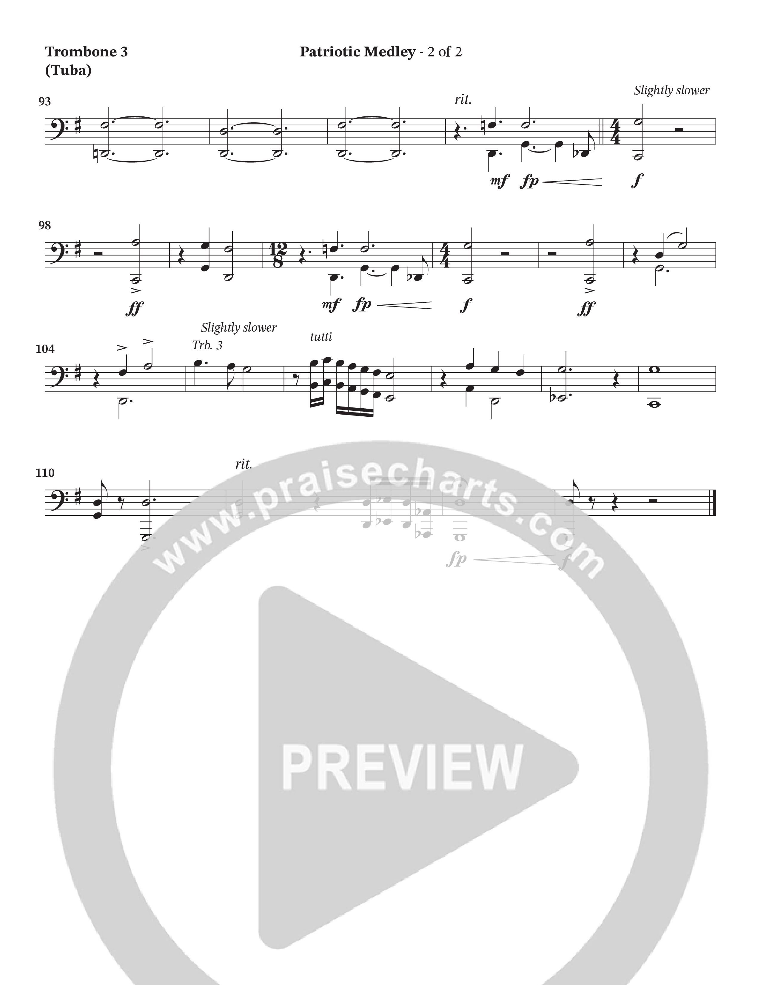 Celebration Of America Medley (Choral Anthem SATB) Trombone 3/Tuba (Tim Lovelace / Uriel Vega / Orch. Wayne Haun)