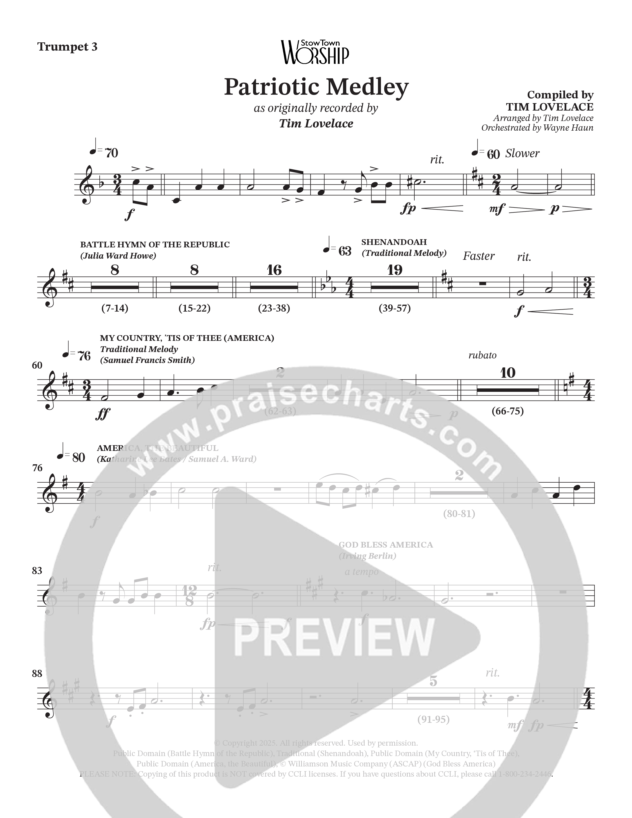 Celebration Of America Medley (Choral Anthem SATB) Trumpet 3 (Tim Lovelace / Uriel Vega / Orch. Wayne Haun)