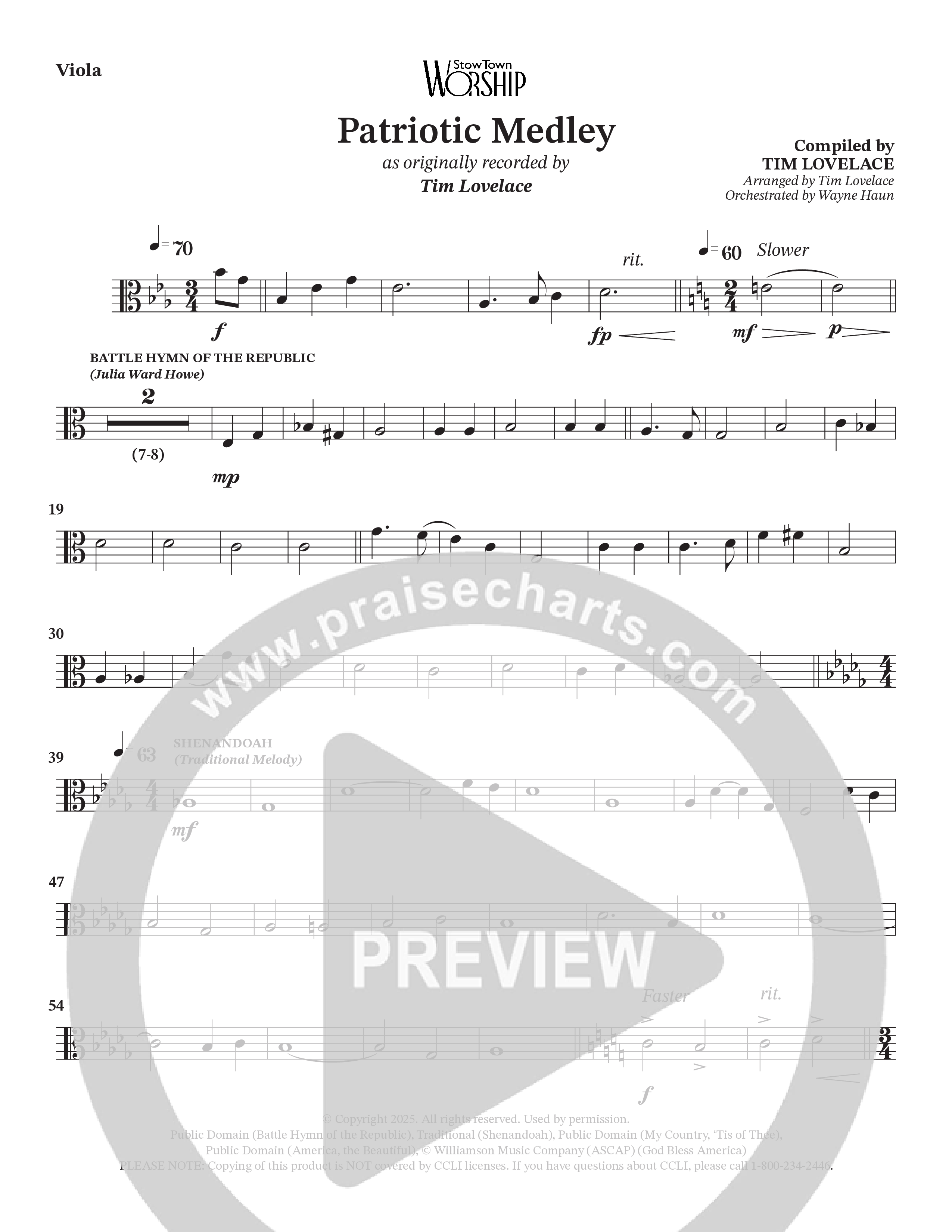 Celebration Of America Medley (Choral Anthem SATB) Viola (Tim Lovelace / Uriel Vega / Orch. Wayne Haun)