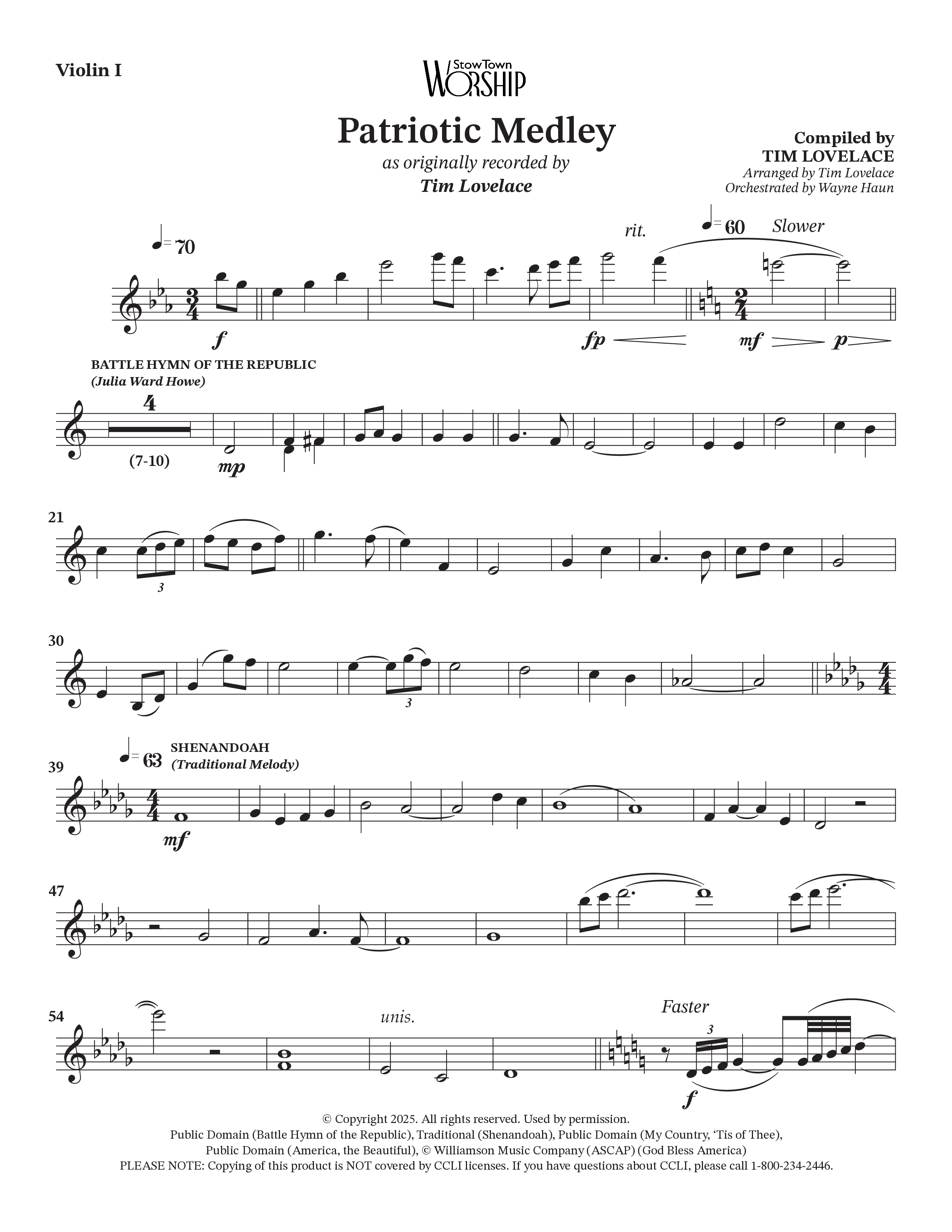 Celebration Of America Medley (Choral Anthem SATB) Violin 1 (Tim Lovelace / Uriel Vega / Orch. Wayne Haun)
