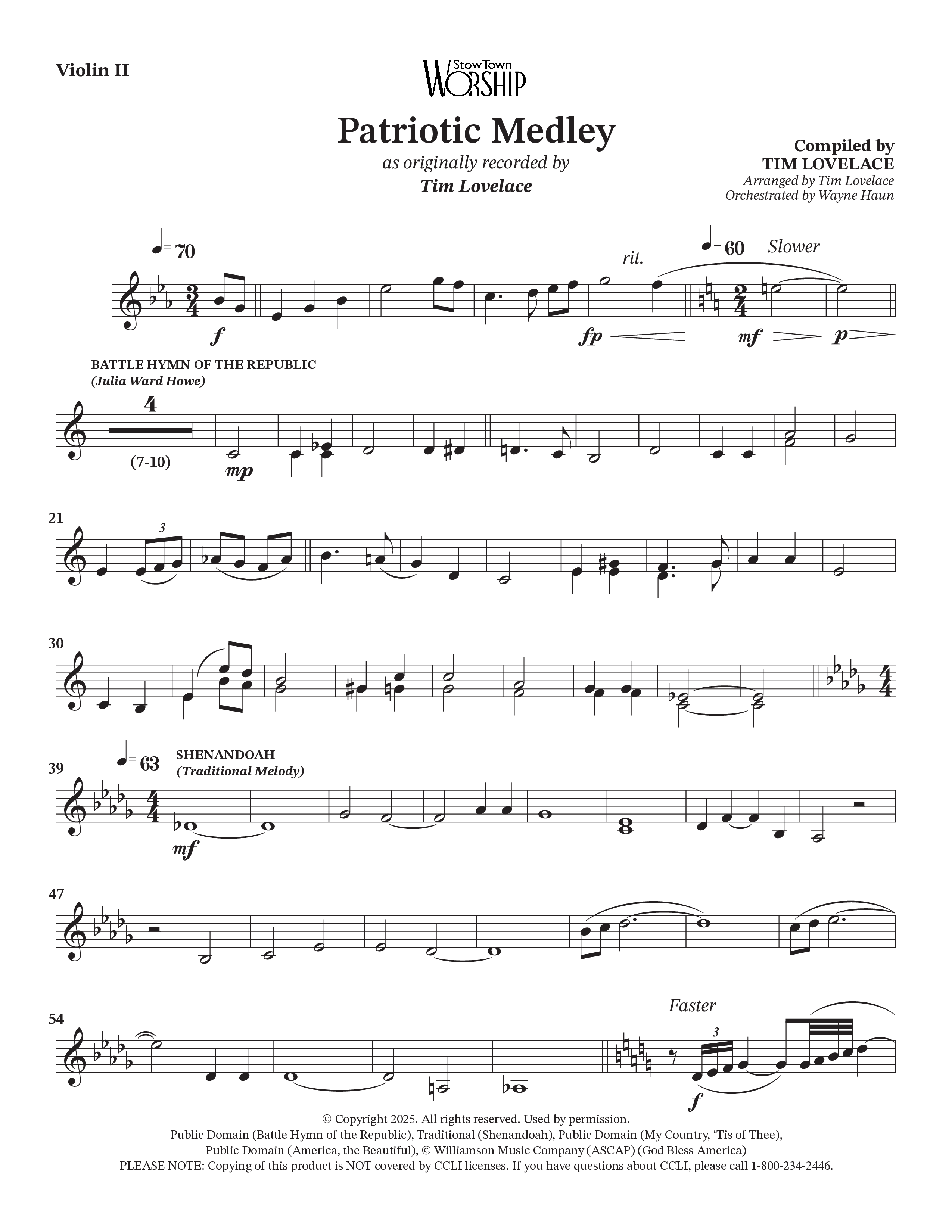 Celebration Of America Medley (Choral Anthem SATB) Violin 2 (Tim Lovelace / Uriel Vega / Orch. Wayne Haun)