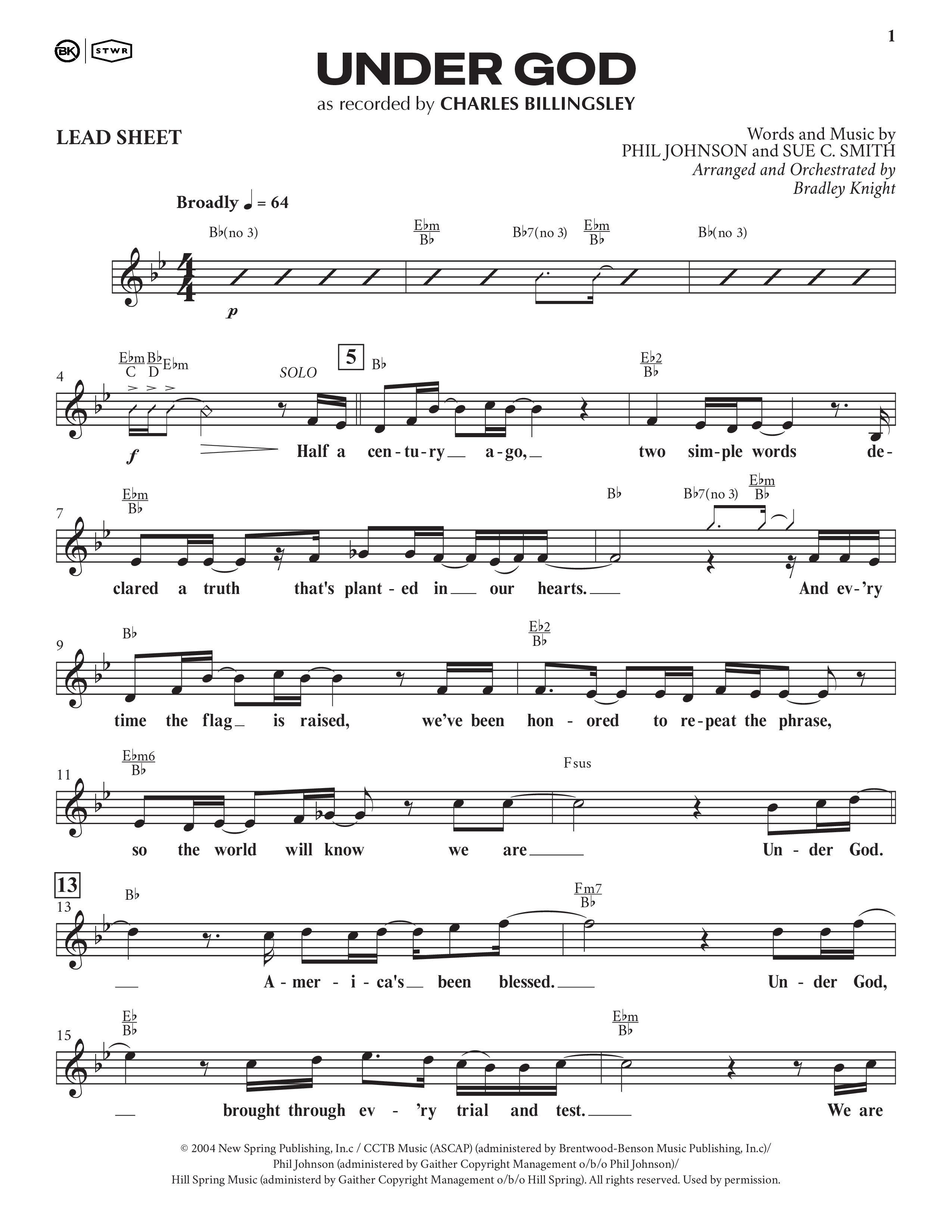 Under God (Choral Anthem SATB) Lead Sheet (SAT) (Charles Billingsley / Arr. Bradley Knight)