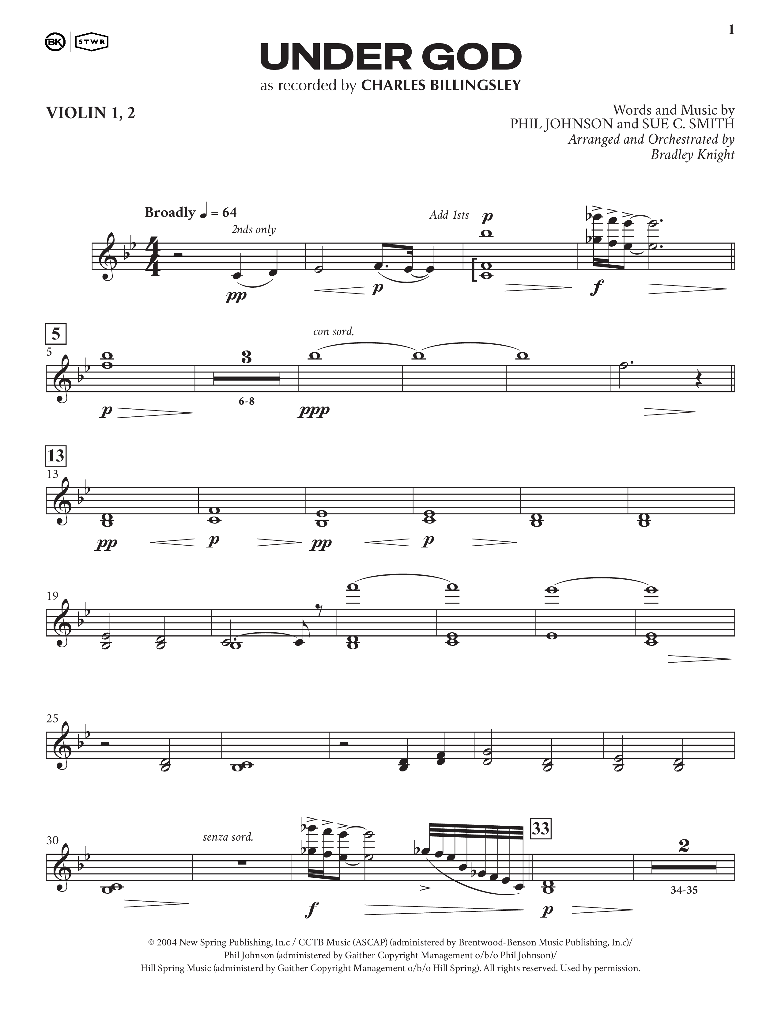 Under God (Choral Anthem SATB) String Pack (Charles Billingsley / Arr. Bradley Knight)