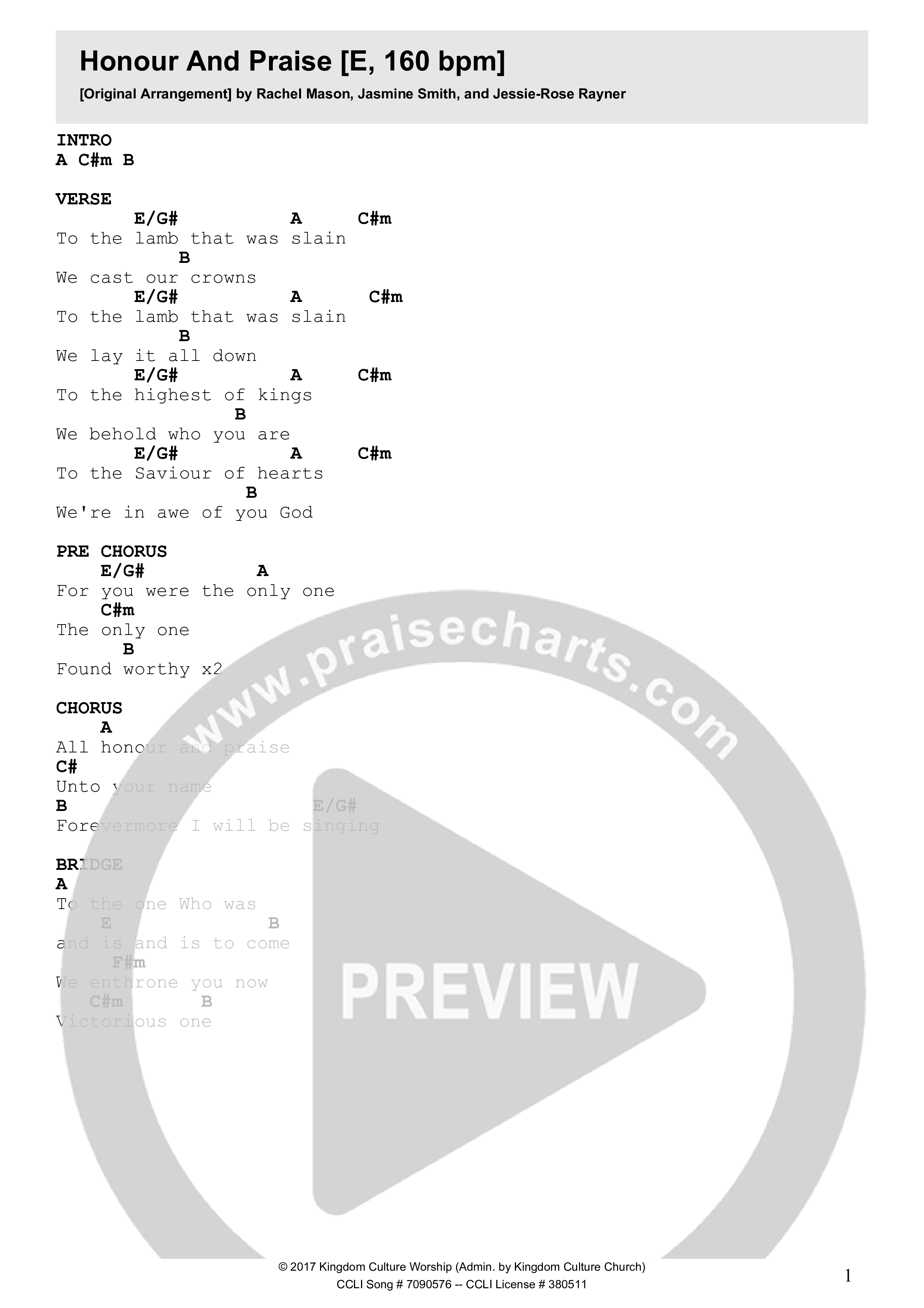 Honour And Praise Chord Chart (Kingdom Culture Worship)