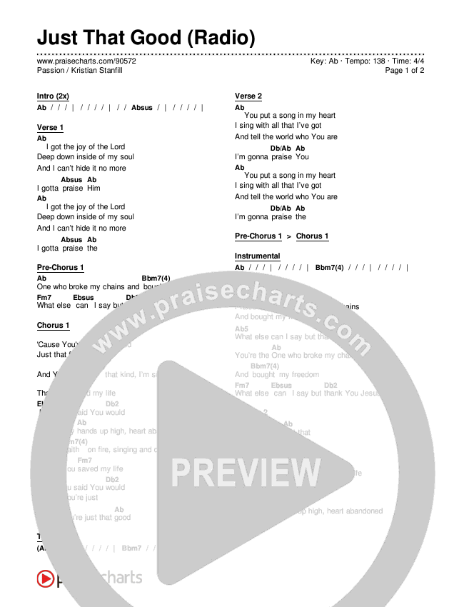 Just That Good (Radio) Chords & Lyrics (Passion / Kristian Stanfill)