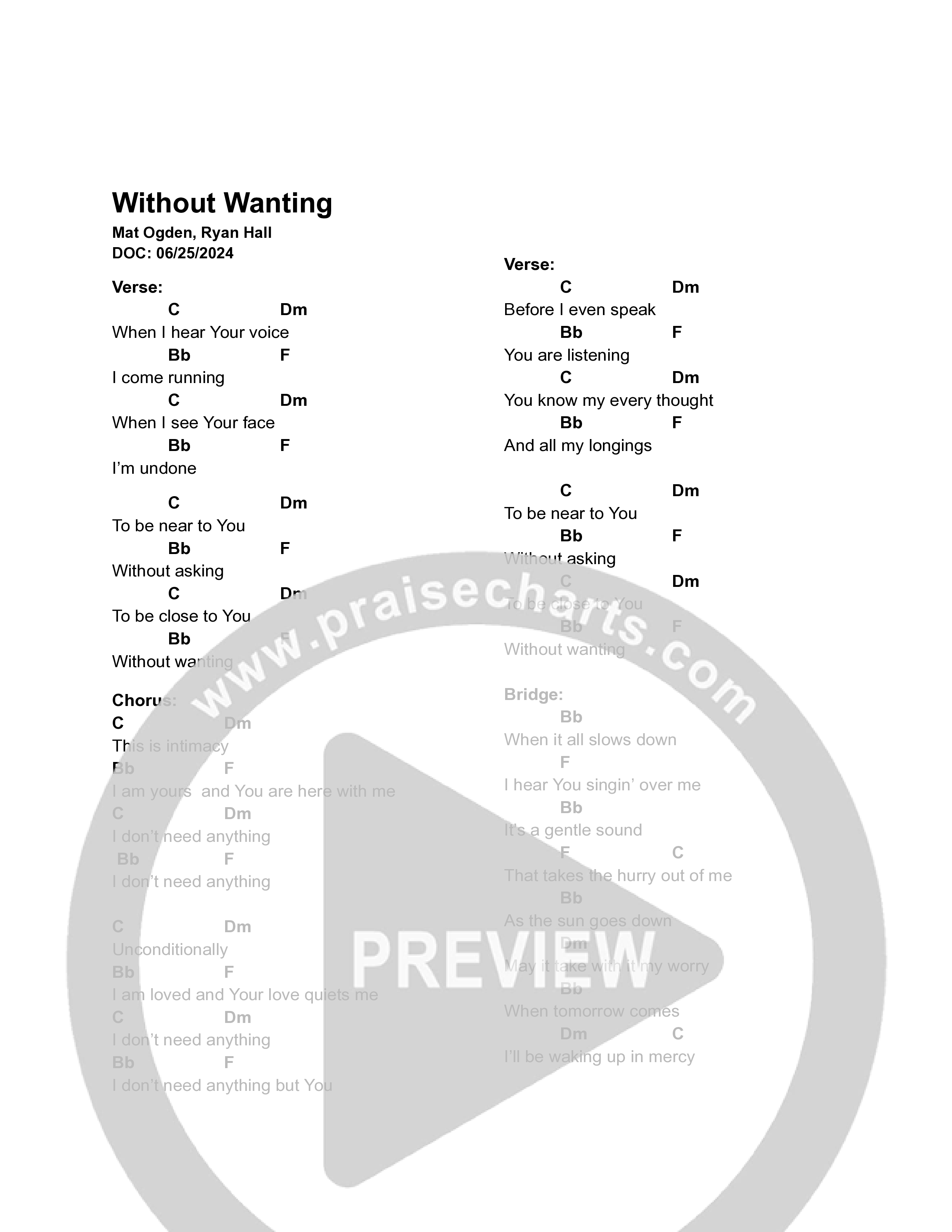Without Wanting Chord Chart (The Halls)