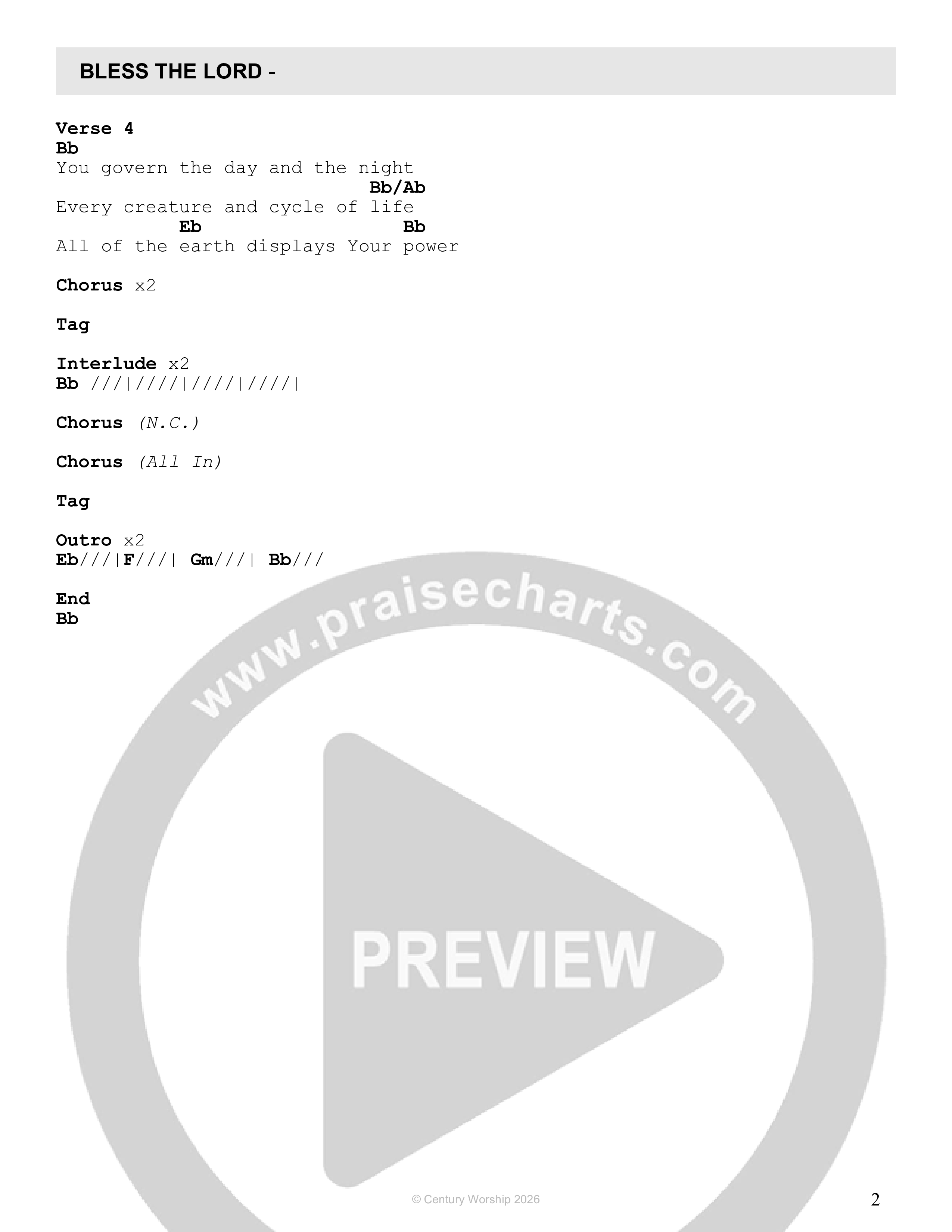 BLESS THE LORD! (Live) Chord Chart (Century Worship)