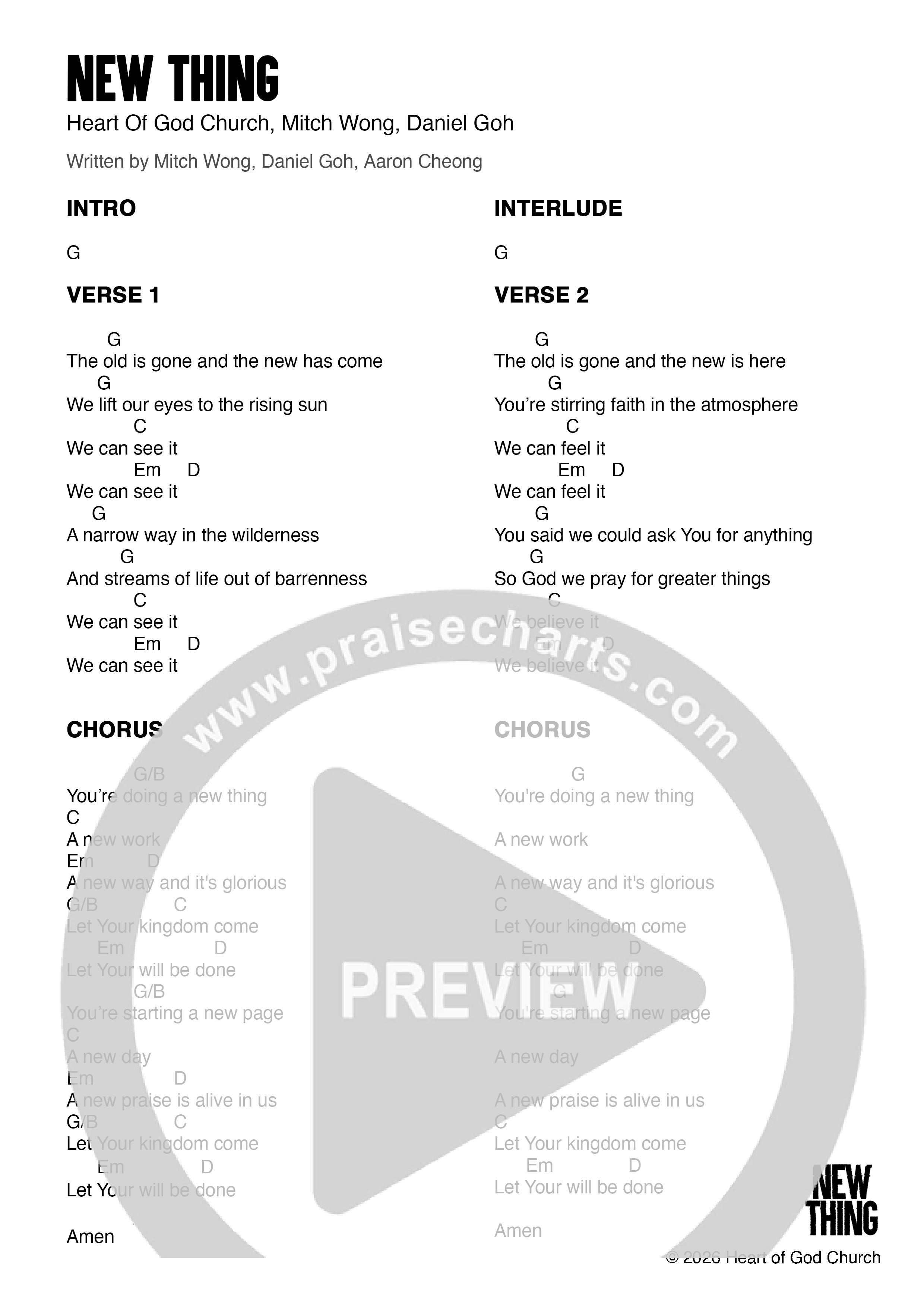 New Thing (Live) Chord Chart (Heart of God Church / Mitch Wong / Daniel Goh)