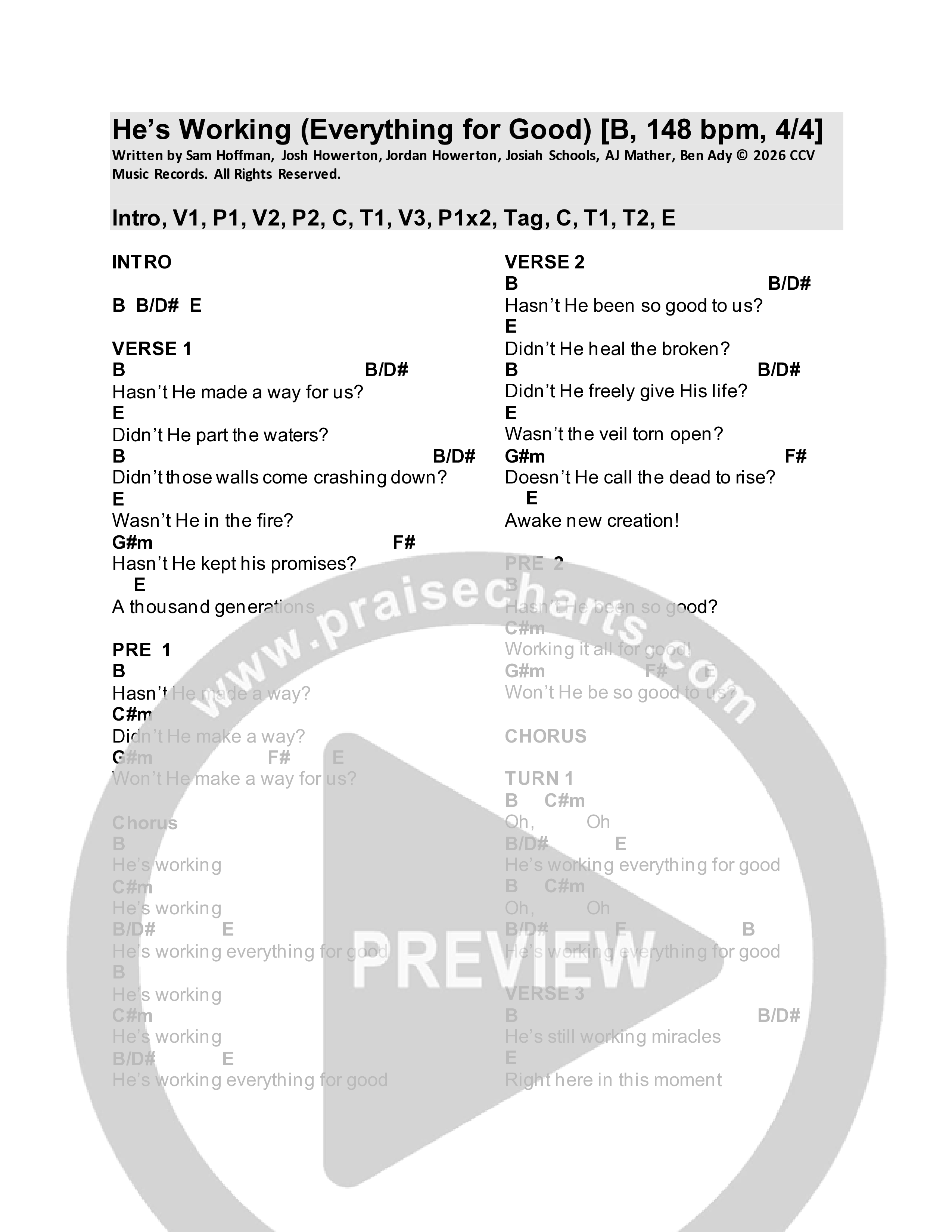 He's Working (Everything For Good) Chord Chart (CCV Music)