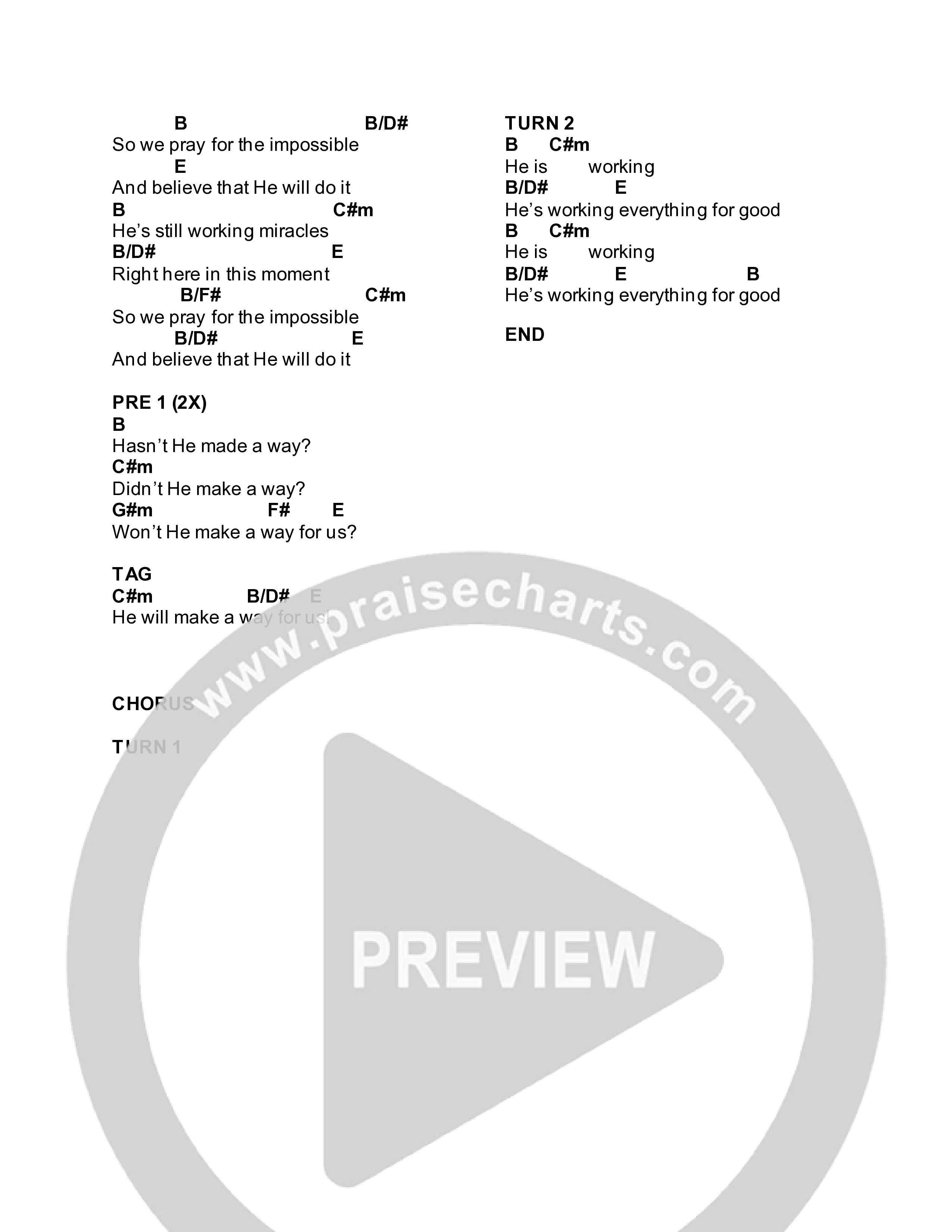 He's Working (Everything For Good) Chord Chart (CCV Music)