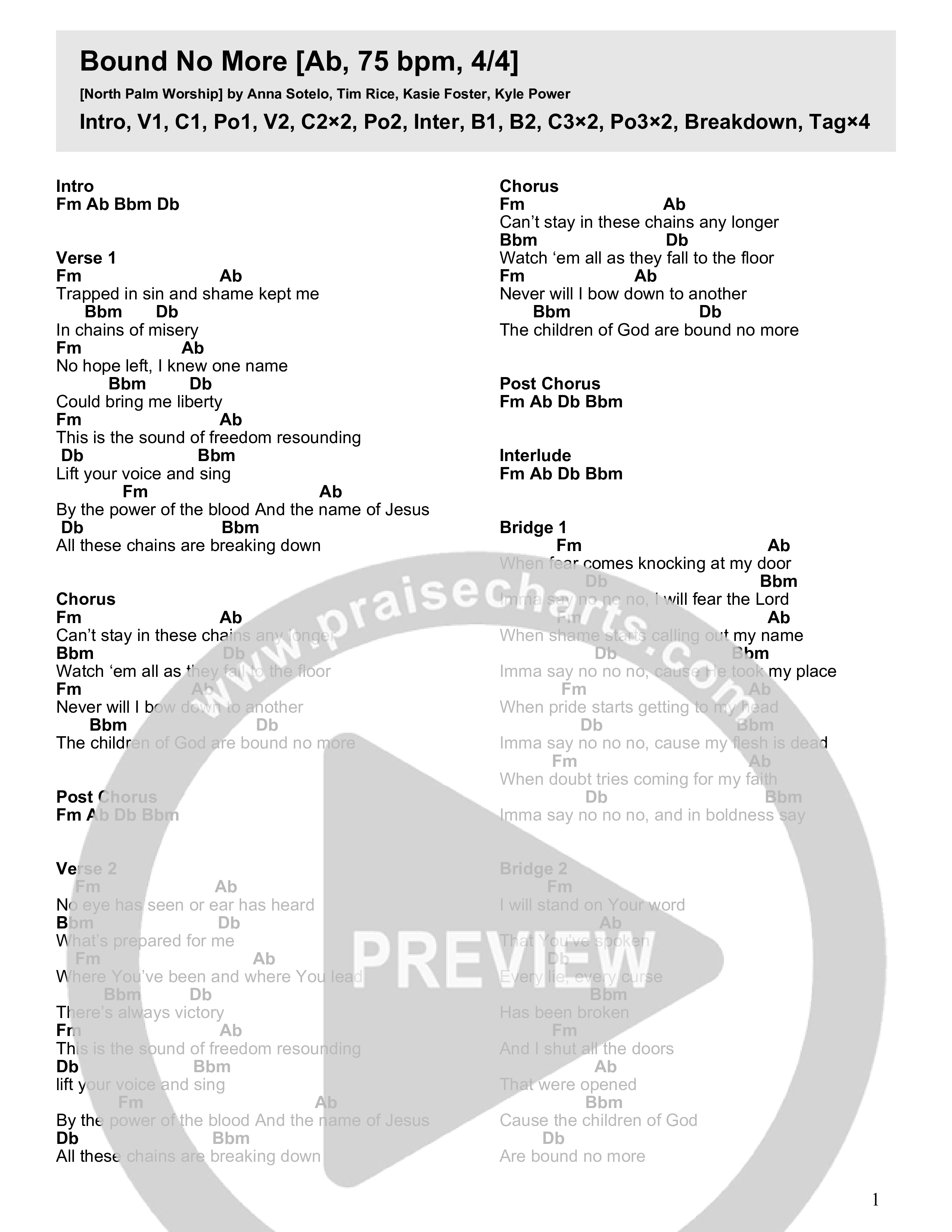 Bound No More Chord Chart (North Palm Worship)