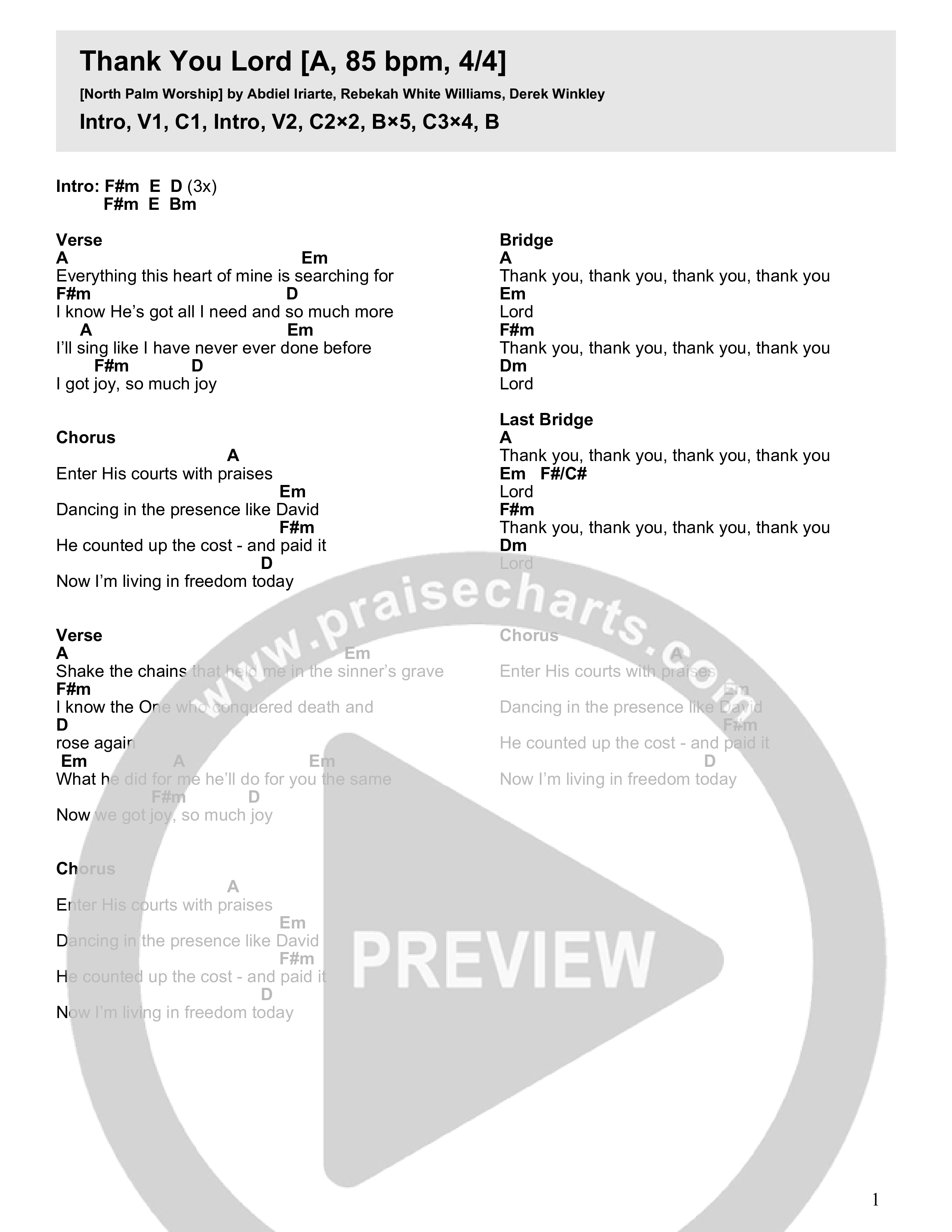 Thank You Lord Chord Chart (North Palm Worship)