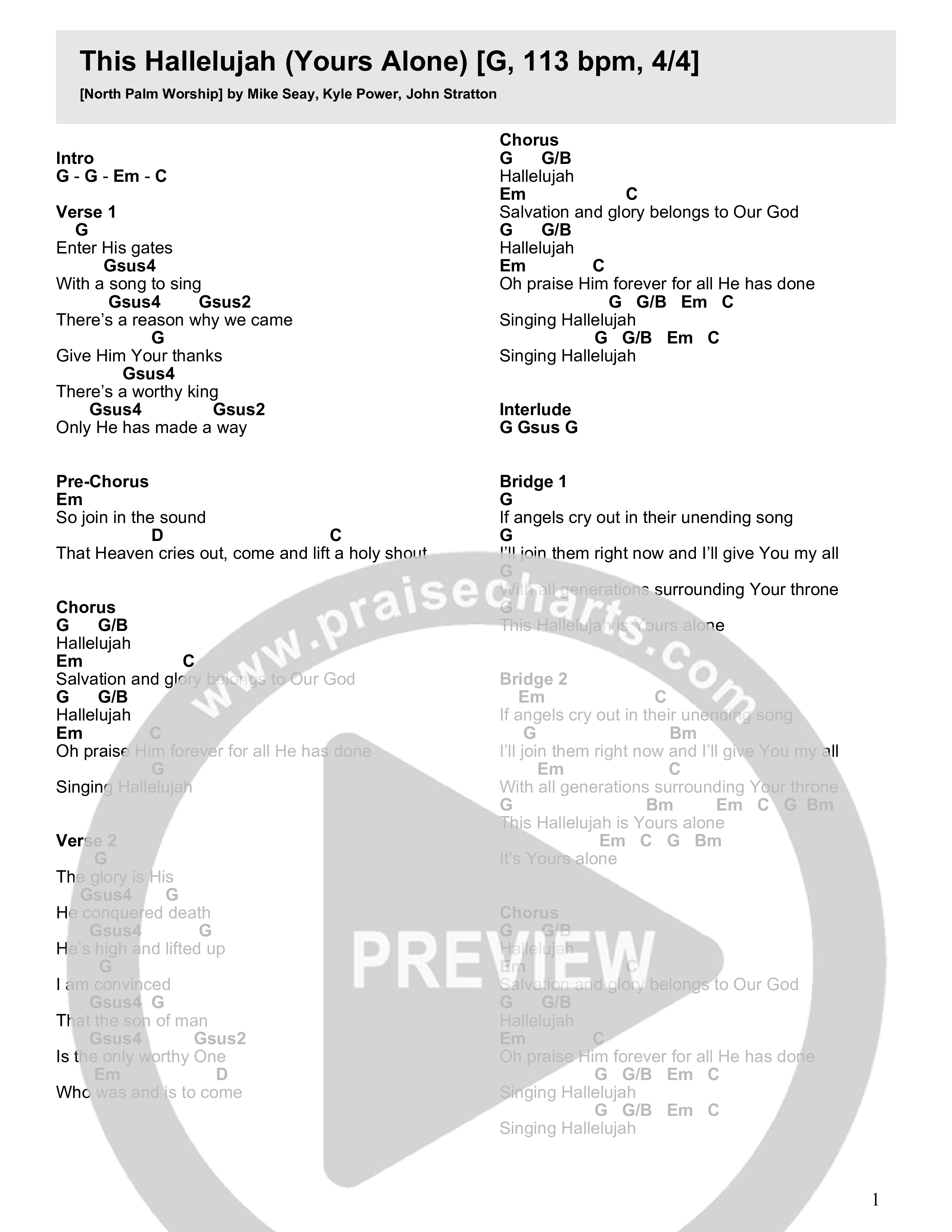 This Hallelujah (Yours Alone) Chord Chart (North Palm Worship)