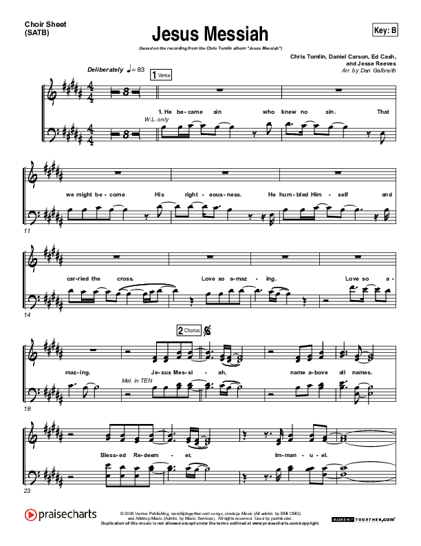 Jesus Messiah Choir Sheet (SATB) (Chris Tomlin)
