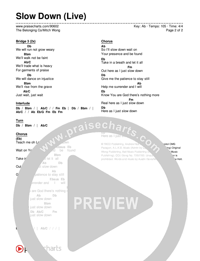 Slow Down (Live) Chords & Lyrics (The Belonging Co / Mitch Wong)