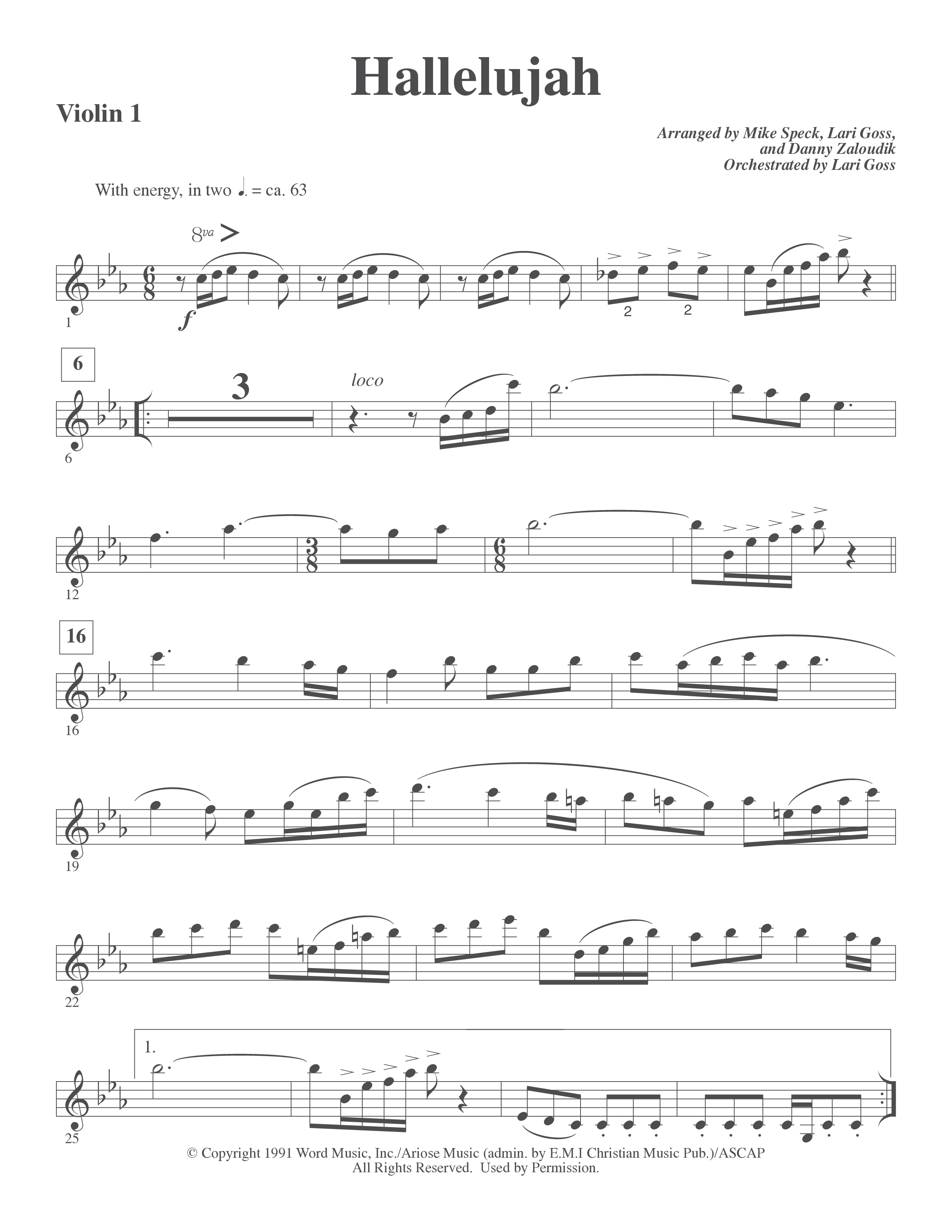 Hallelujah (Choral Anthem SATB) Violin 1/2 (Word Music Choral / Arr. Lari Goss)