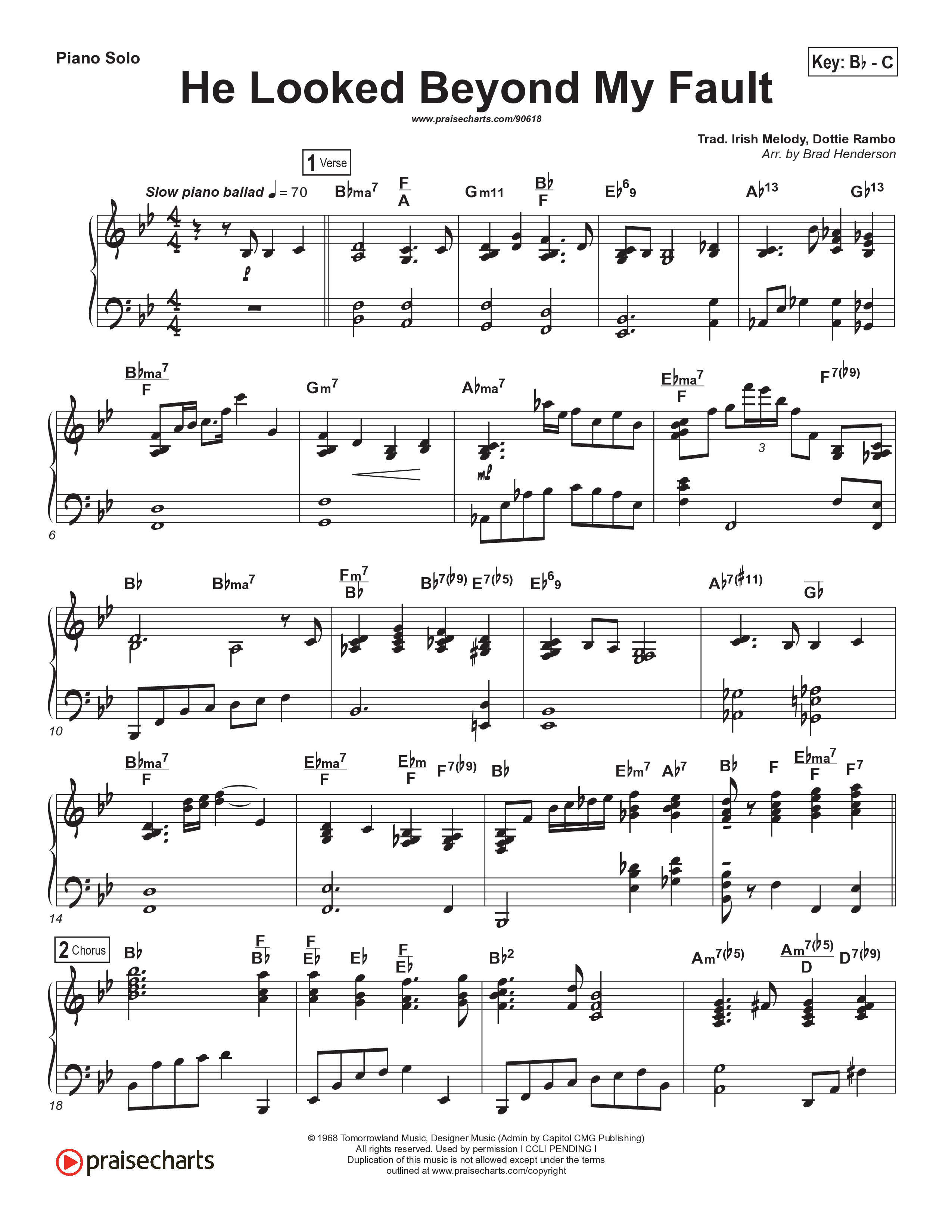 He Looked Beyond My Fault And Saw My Need (Instrumental) Piano Sheet (Brad Henderson)