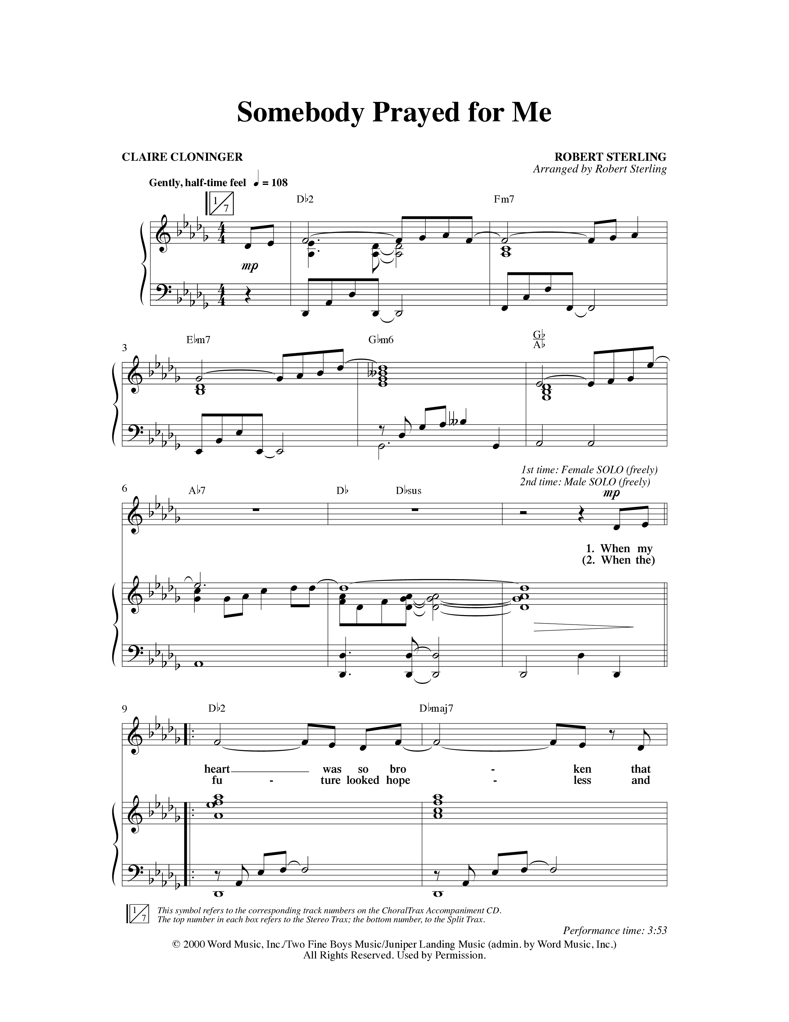 Somebody Prayed for Me (Choral Anthem SATB) Anthem (SATB/Piano) (Word Music Choral / Arr. Robert Sterling)