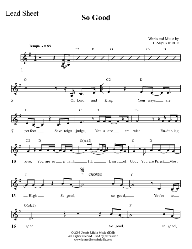 So Good Lead Sheet (Linsey Kane / Christ For The Nations)
